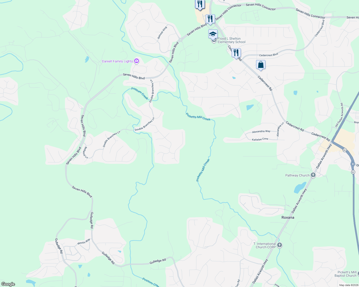 map of restaurants, bars, coffee shops, grocery stores, and more near 57 Sweet Birch Lane in Dallas