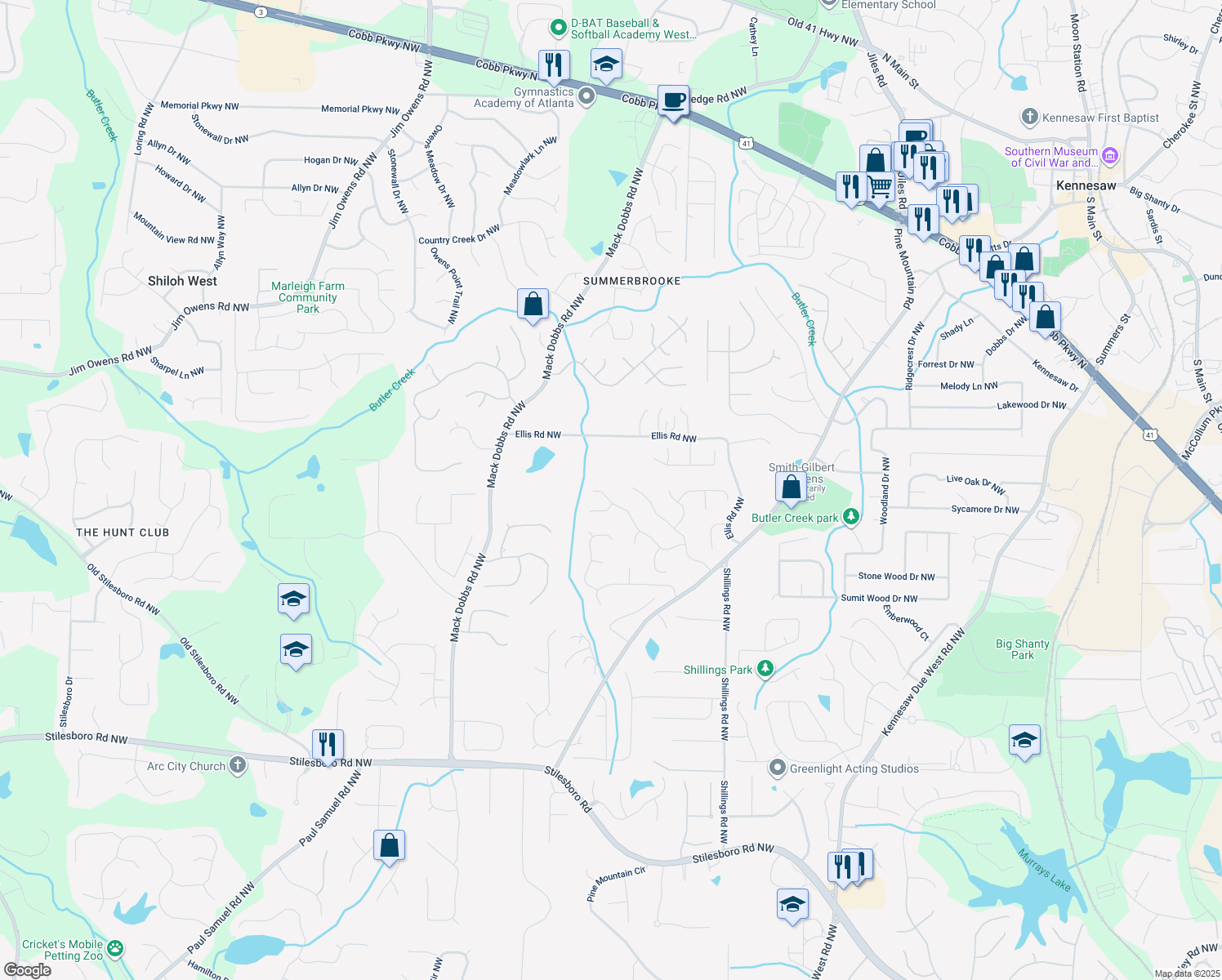 map of restaurants, bars, coffee shops, grocery stores, and more near 2986 Edenberry Lane Northwest in Kennesaw
