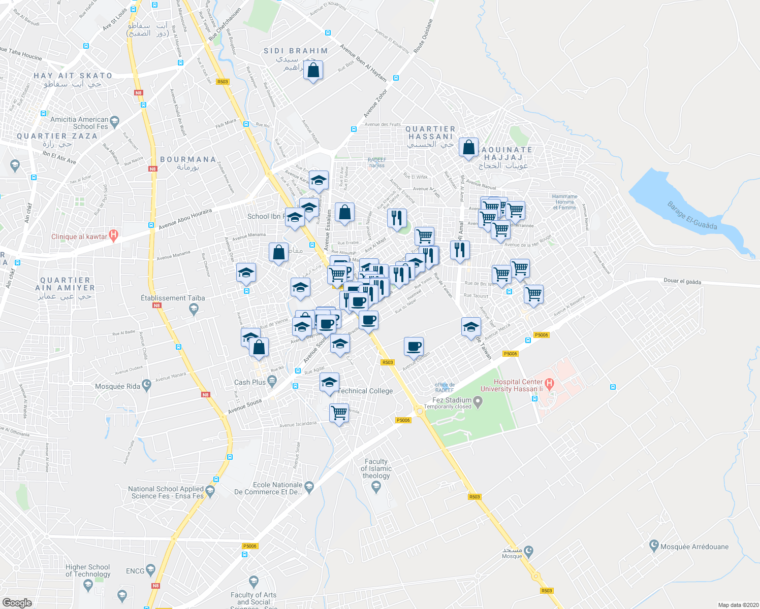 map of restaurants, bars, coffee shops, grocery stores, and more near Rue Torino in Fès