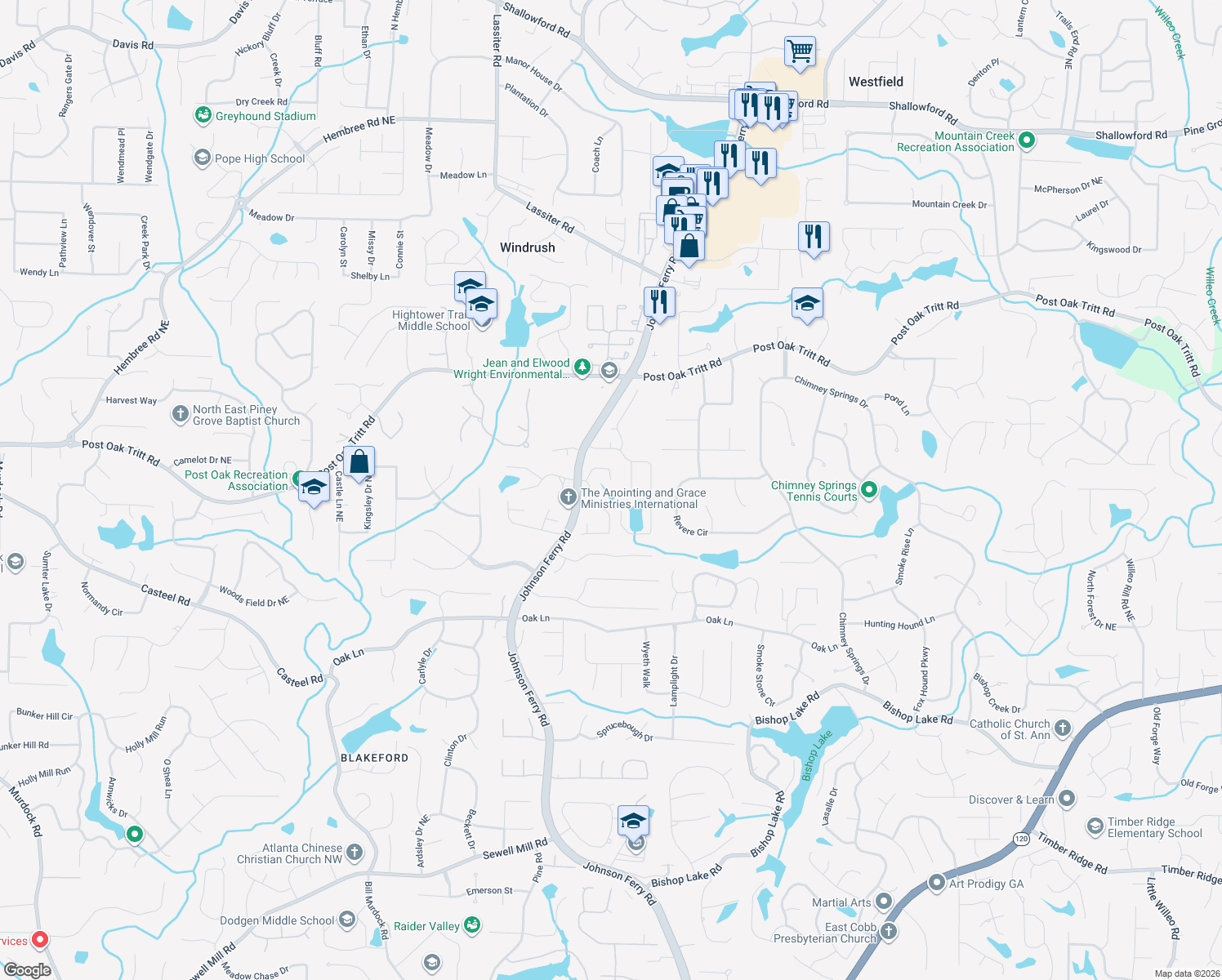 map of restaurants, bars, coffee shops, grocery stores, and more near 4036 Regency Lake Trail in Marietta