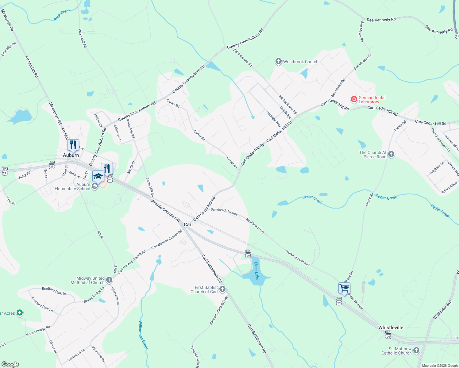 map of restaurants, bars, coffee shops, grocery stores, and more near 104 Augustine Circle in Auburn