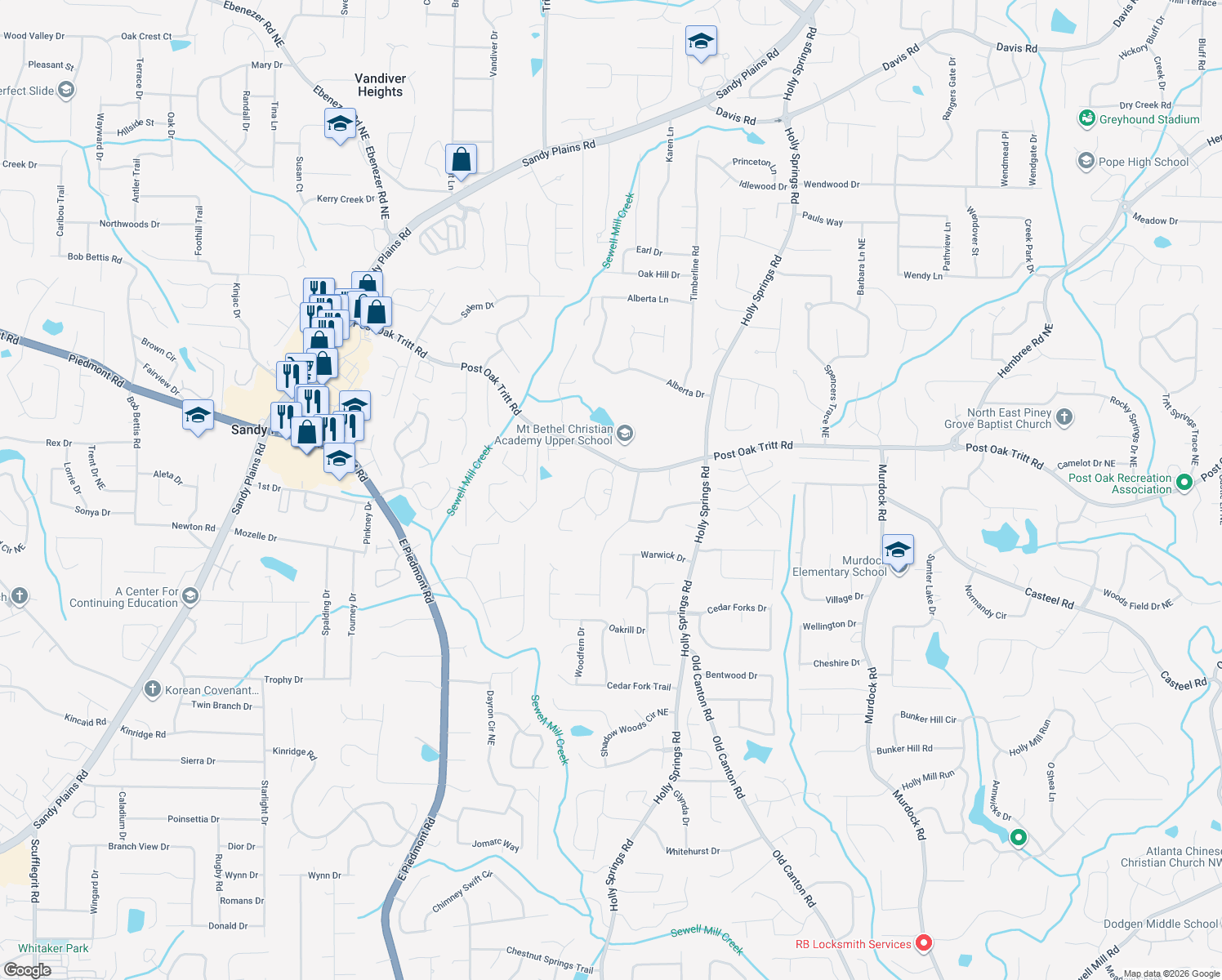 map of restaurants, bars, coffee shops, grocery stores, and more near 2448 Alston Drive Northeast in Marietta