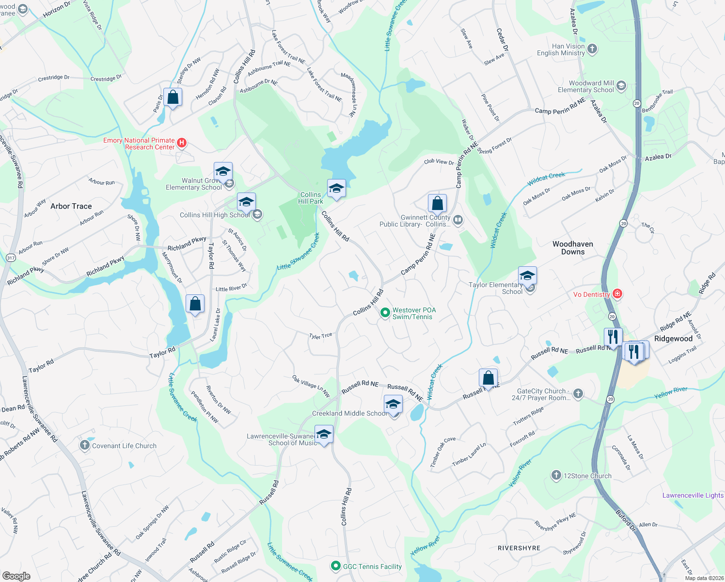 map of restaurants, bars, coffee shops, grocery stores, and more near 295 Wildcat Lake Drive in Lawrenceville