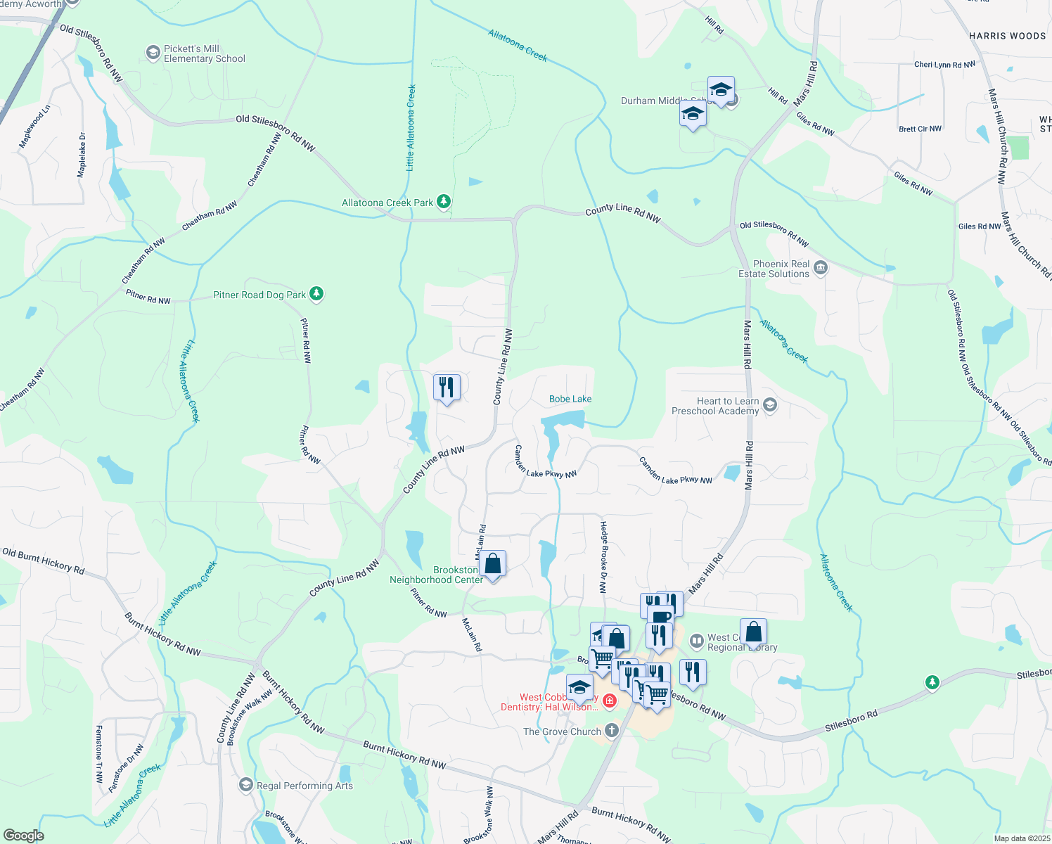 map of restaurants, bars, coffee shops, grocery stores, and more near 2437 Camden Lake View Northwest in Acworth
