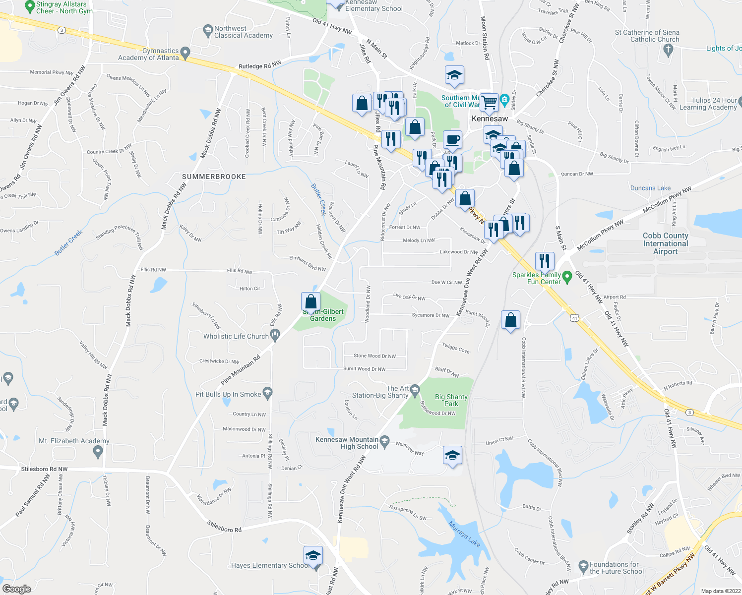 map of restaurants, bars, coffee shops, grocery stores, and more near 3075 Woodland Drive Northwest in Kennesaw