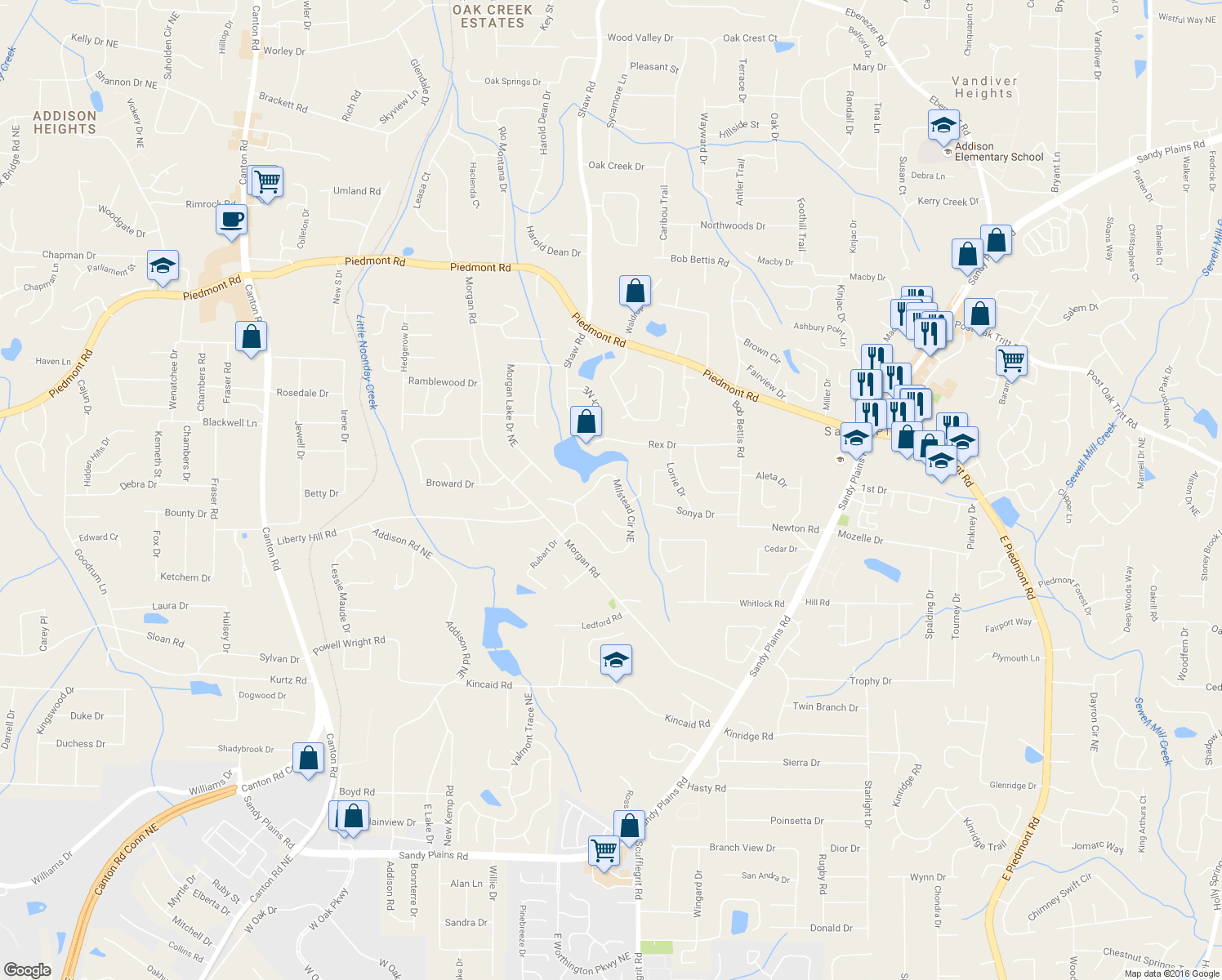 map of restaurants, bars, coffee shops, grocery stores, and more near 2333 Milstead Cir NE in Marietta