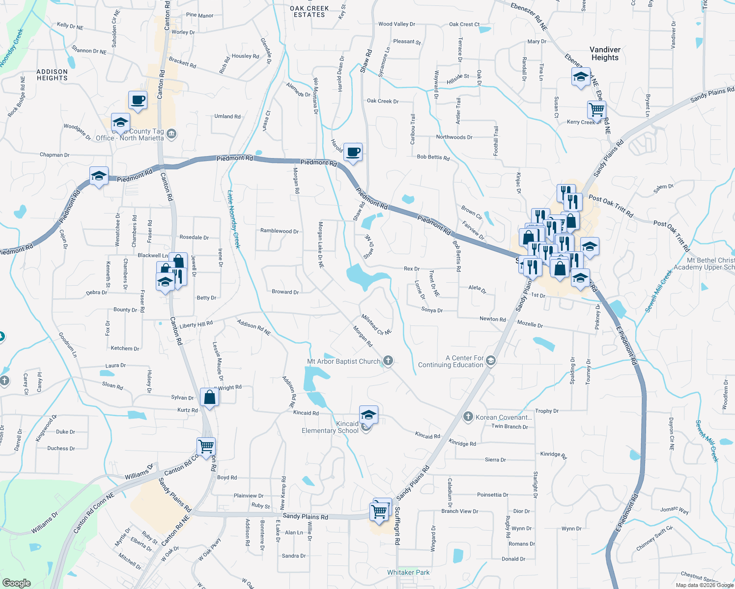 map of restaurants, bars, coffee shops, grocery stores, and more near 2354 Milstead Circle Northeast in Marietta