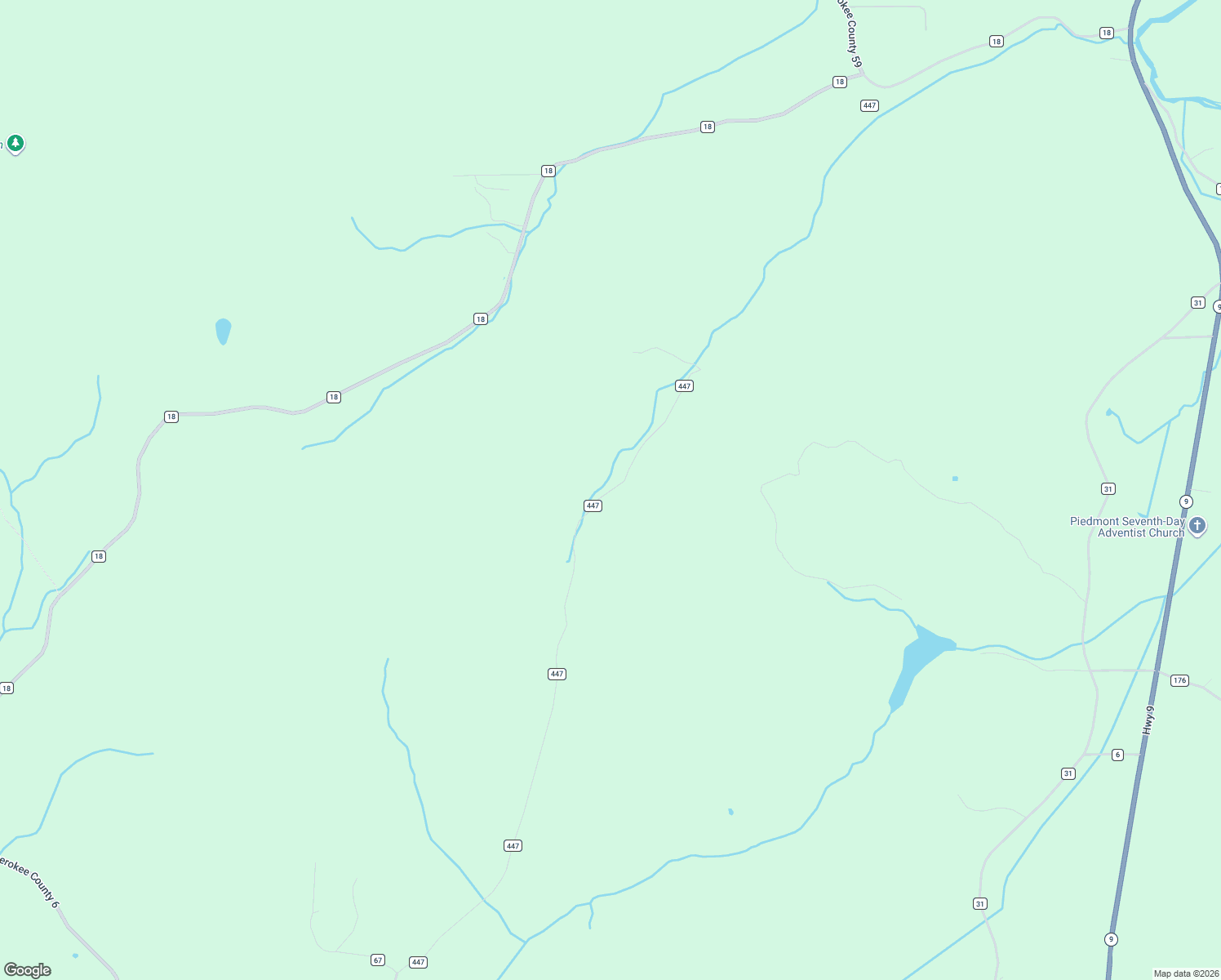 map of restaurants, bars, coffee shops, grocery stores, and more near County Road 447 in Cherokee County