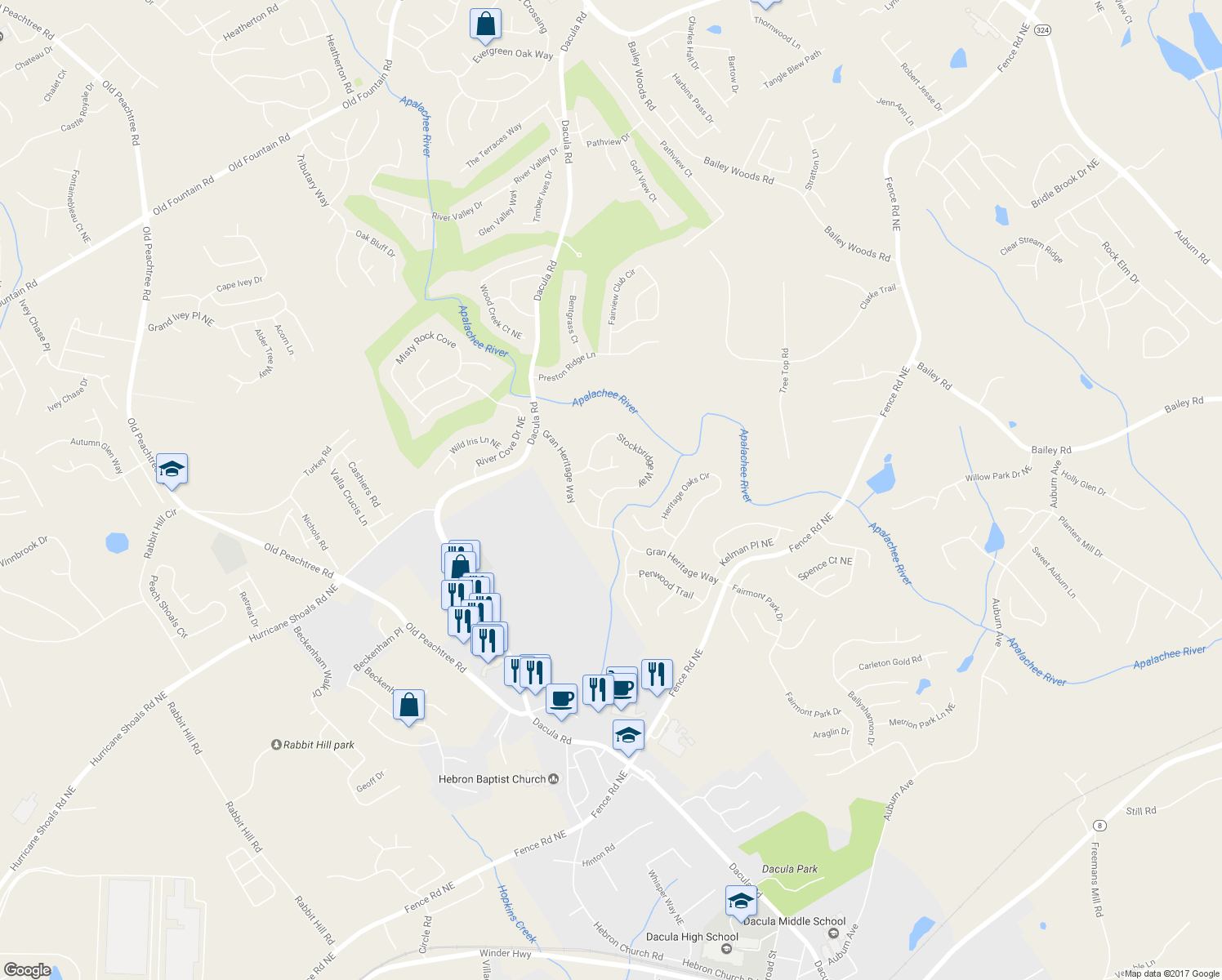 map of restaurants, bars, coffee shops, grocery stores, and more near 2688 Stockbridge Way in Dacula