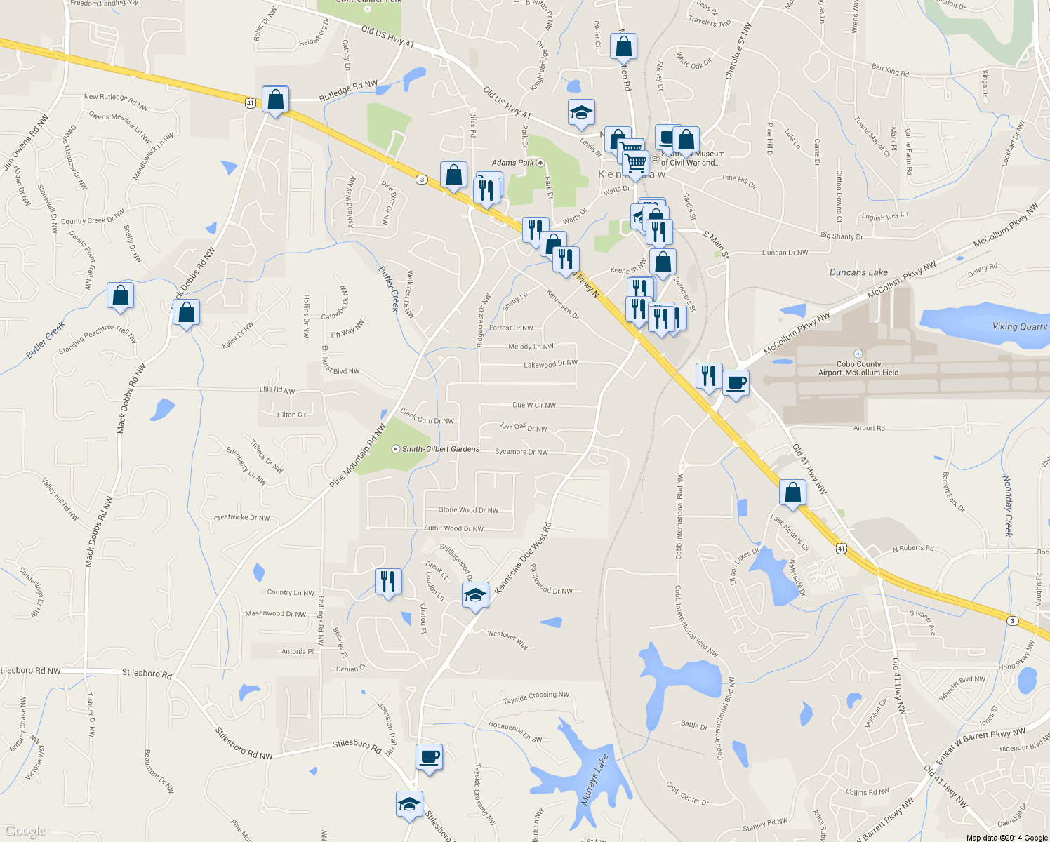 map of restaurants, bars, coffee shops, grocery stores, and more near 1711 Live Oak Drive Northwest in Kennesaw