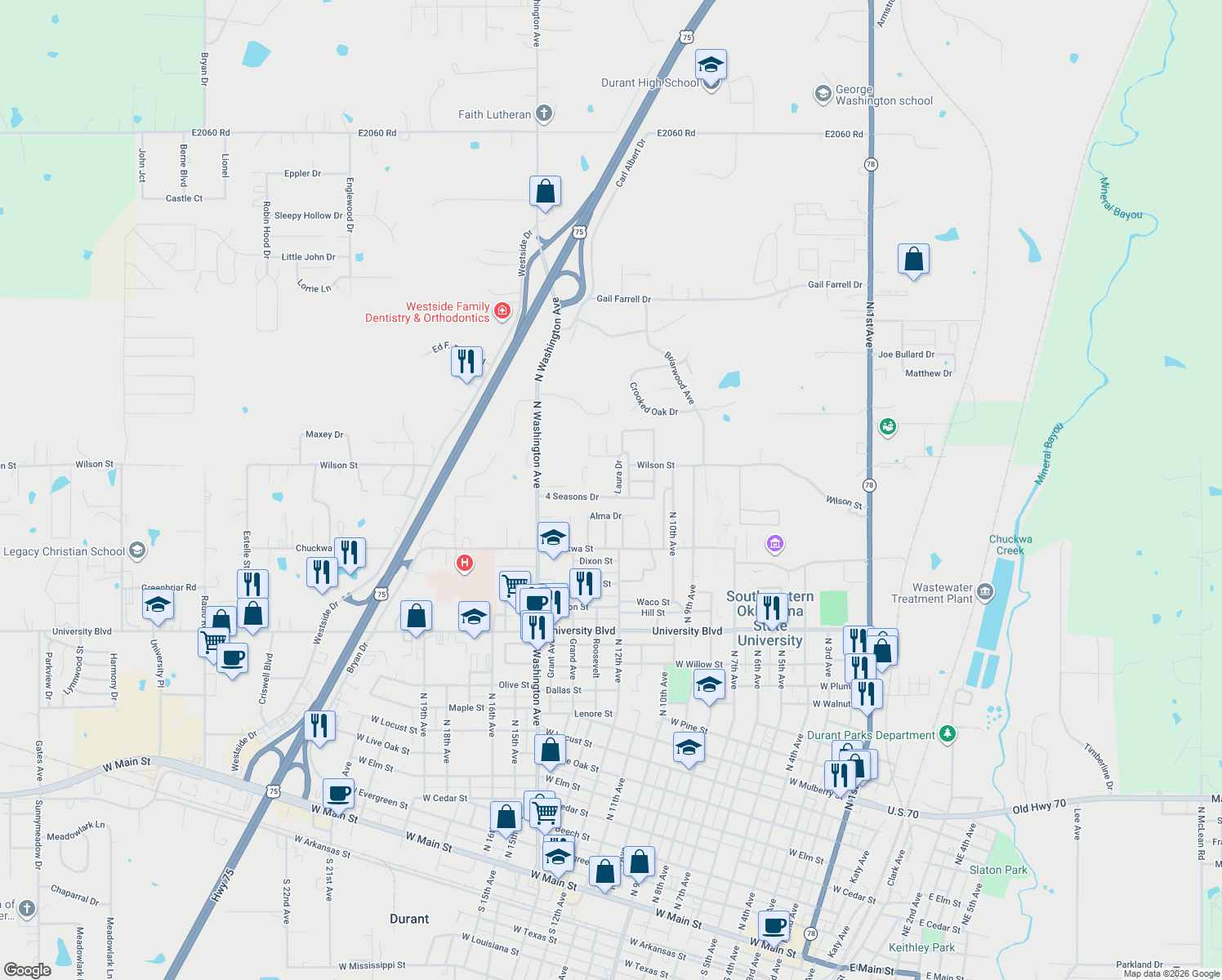 map of restaurants, bars, coffee shops, grocery stores, and more near 1208 4 Seasons Drive in Durant