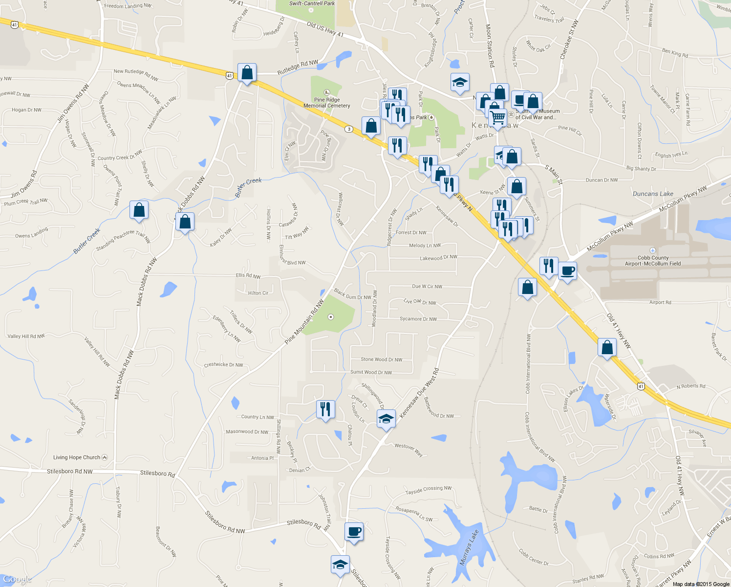map of restaurants, bars, coffee shops, grocery stores, and more near 3059 Black Gum Dr NW in Kennesaw