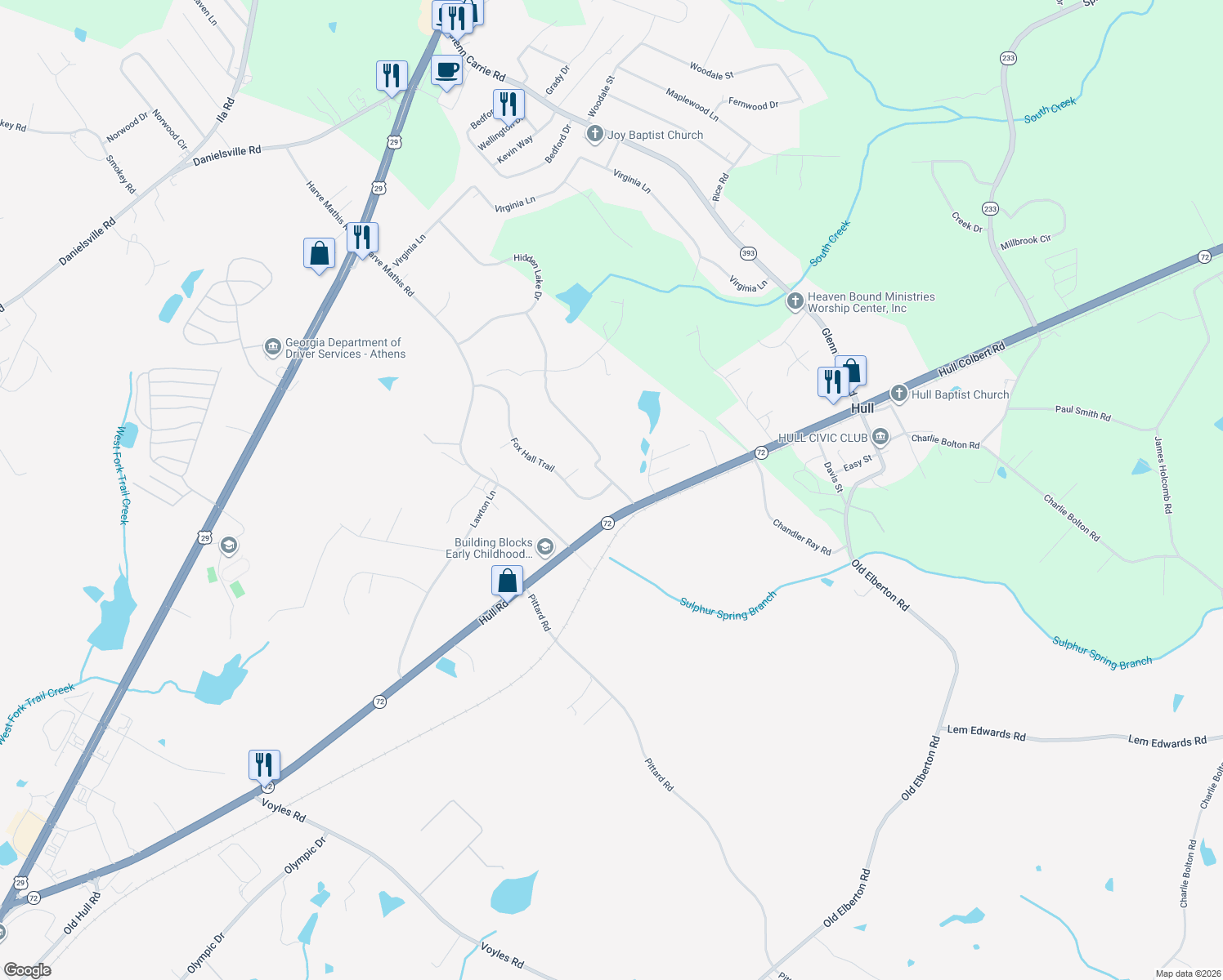 map of restaurants, bars, coffee shops, grocery stores, and more near 188 Fox Hall Trail in Athens