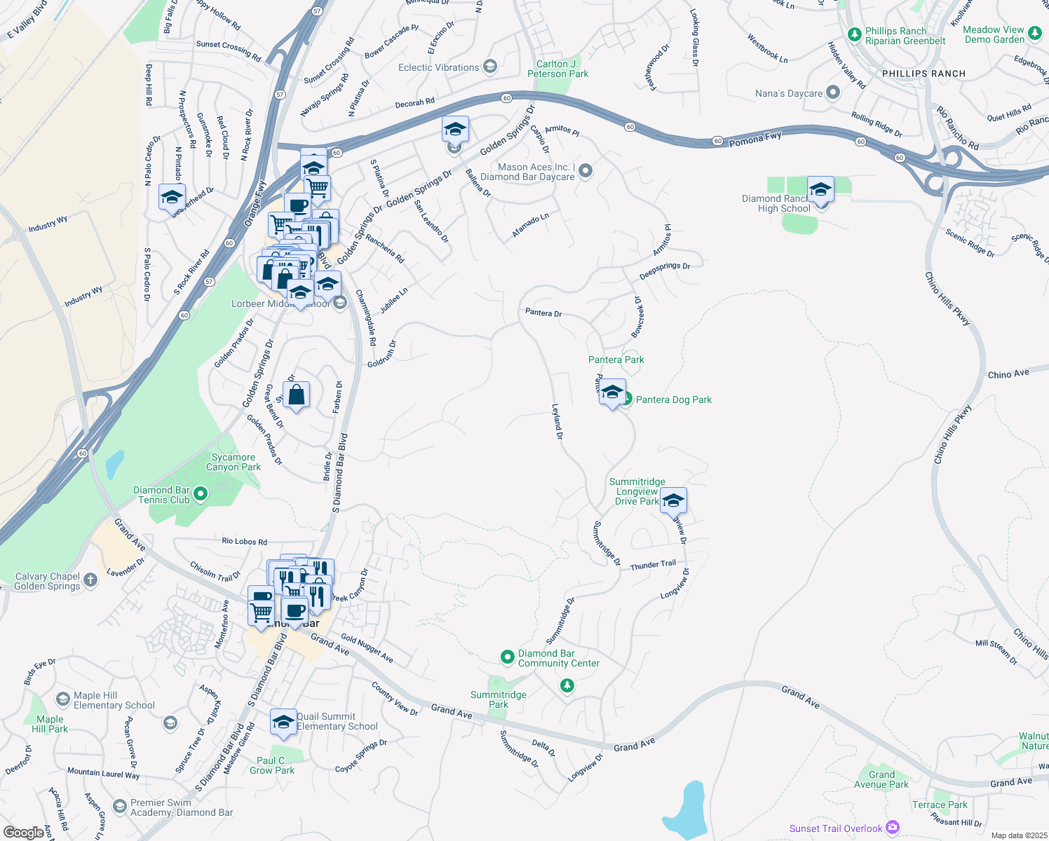 map of restaurants, bars, coffee shops, grocery stores, and more near 24144 Benfield Place in Diamond Bar