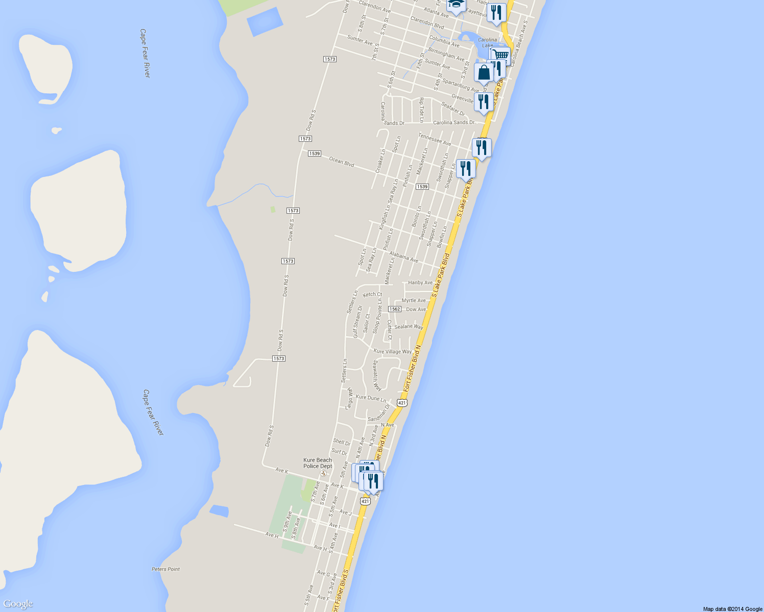 map of restaurants, bars, coffee shops, grocery stores, and more near 770 Sloop Pointe Lane in Kure Beach