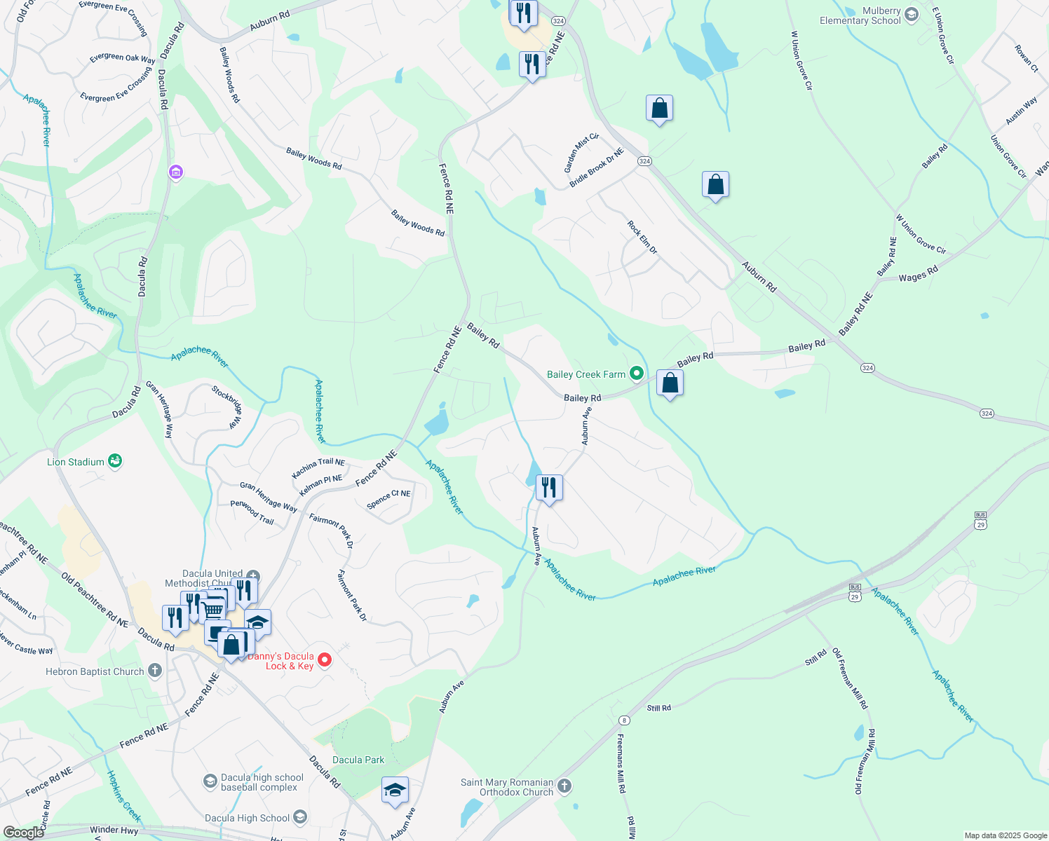 map of restaurants, bars, coffee shops, grocery stores, and more near 3140 Willow Park Drive Northeast in Dacula