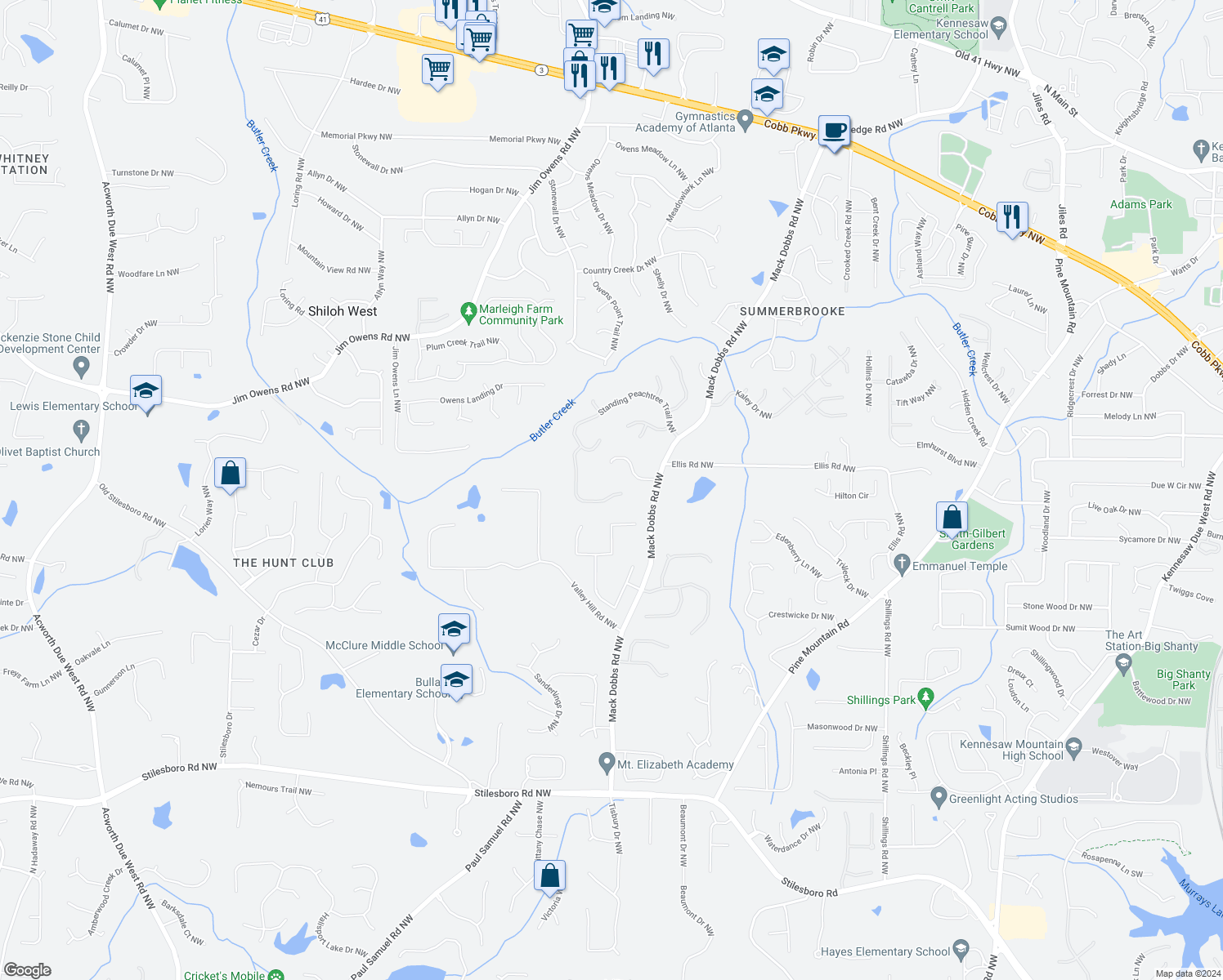 map of restaurants, bars, coffee shops, grocery stores, and more near 2336 Standing Peachtree Court Northwest in Kennesaw