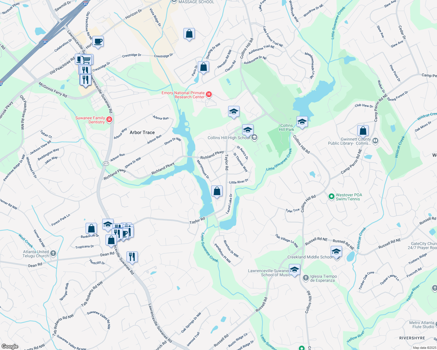 map of restaurants, bars, coffee shops, grocery stores, and more near 251 Waterford Cove Drive in Suwanee