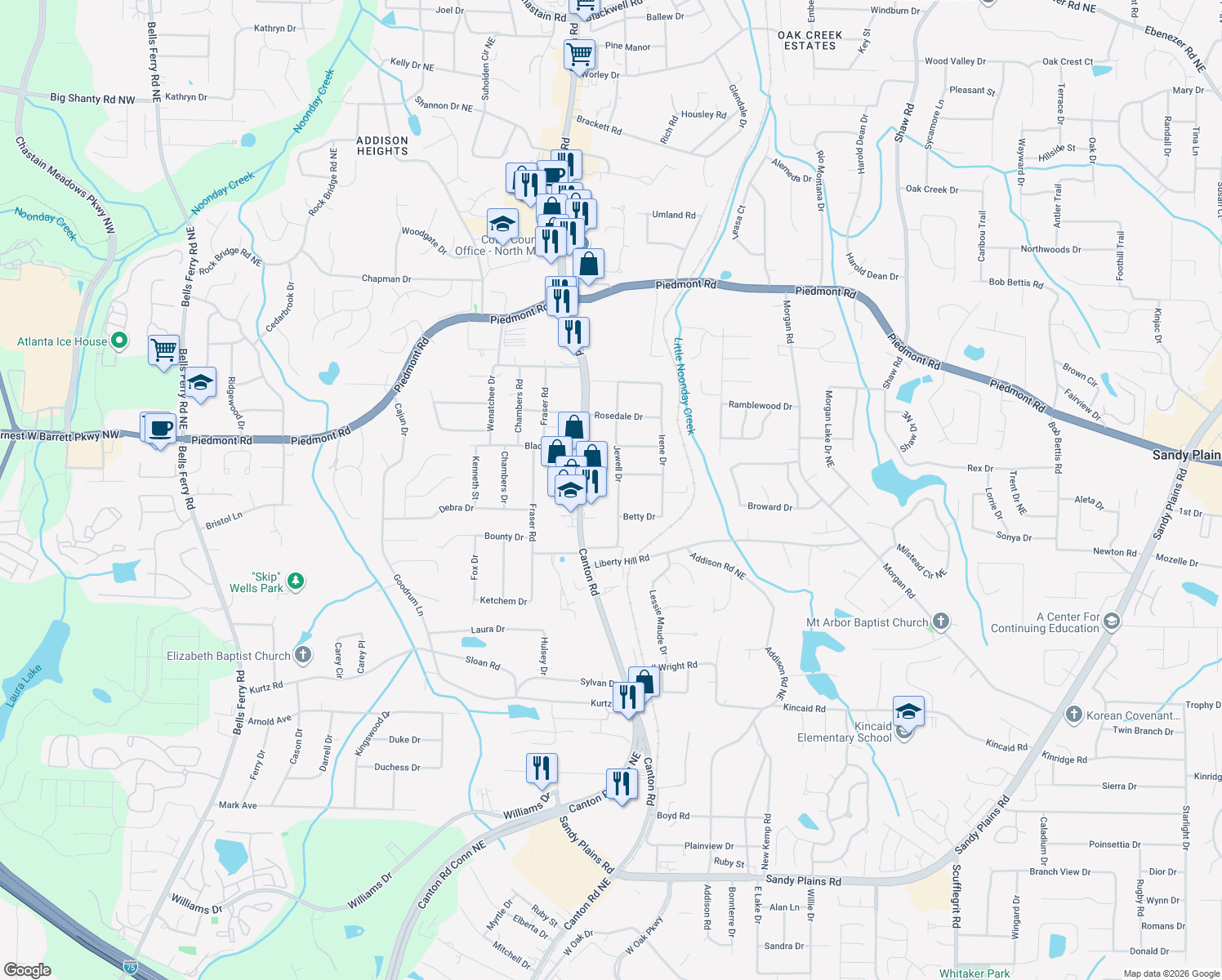 map of restaurants, bars, coffee shops, grocery stores, and more near 2459 Jewell Dr in Marietta