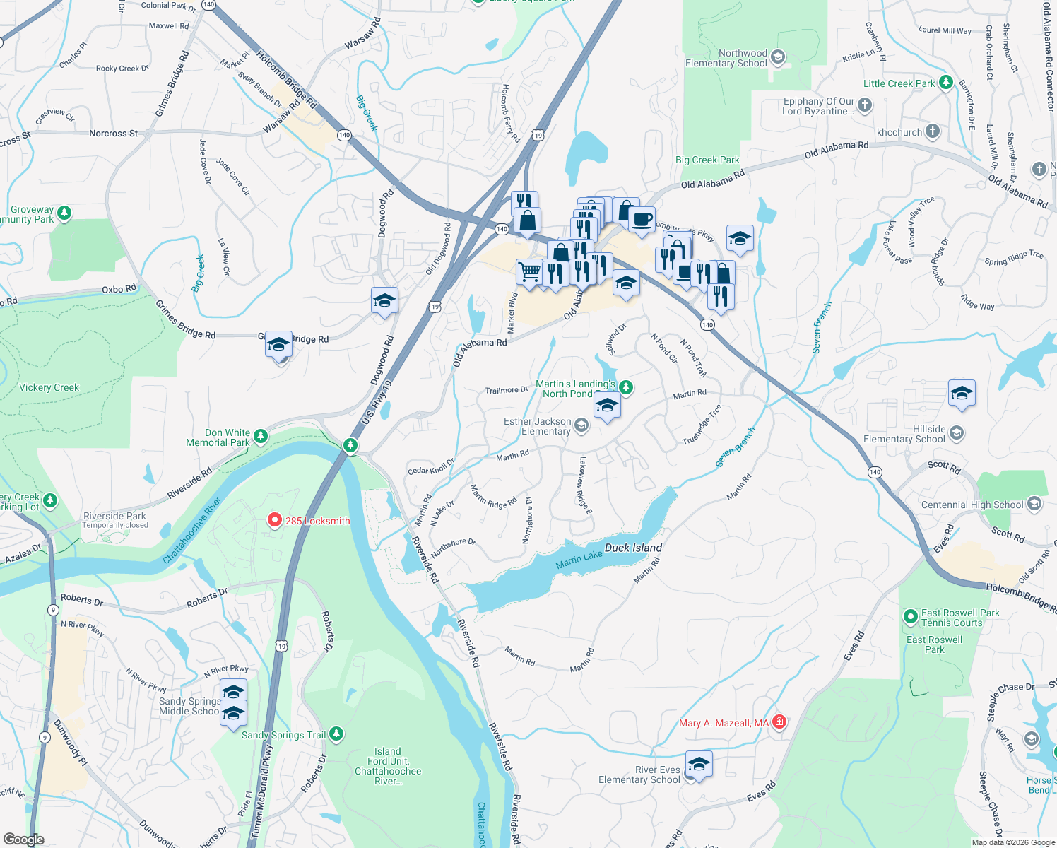 map of restaurants, bars, coffee shops, grocery stores, and more near 9500 Hillside Dr in Roswell