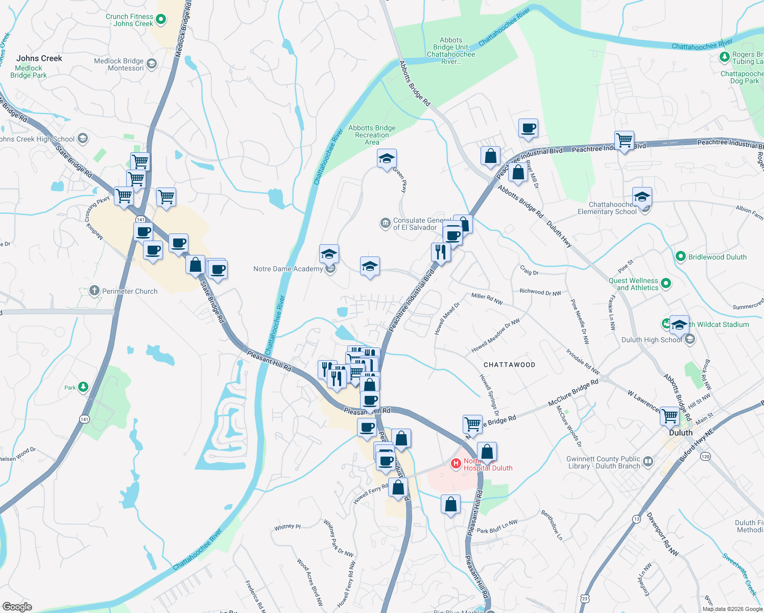 map of restaurants, bars, coffee shops, grocery stores, and more near 4122 Quincey Ln in Duluth
