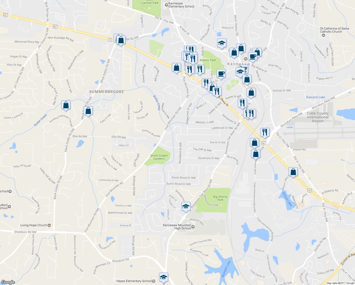 map of restaurants, bars, coffee shops, grocery stores, and more near 3050 Woodland Drive Northwest in Kennesaw