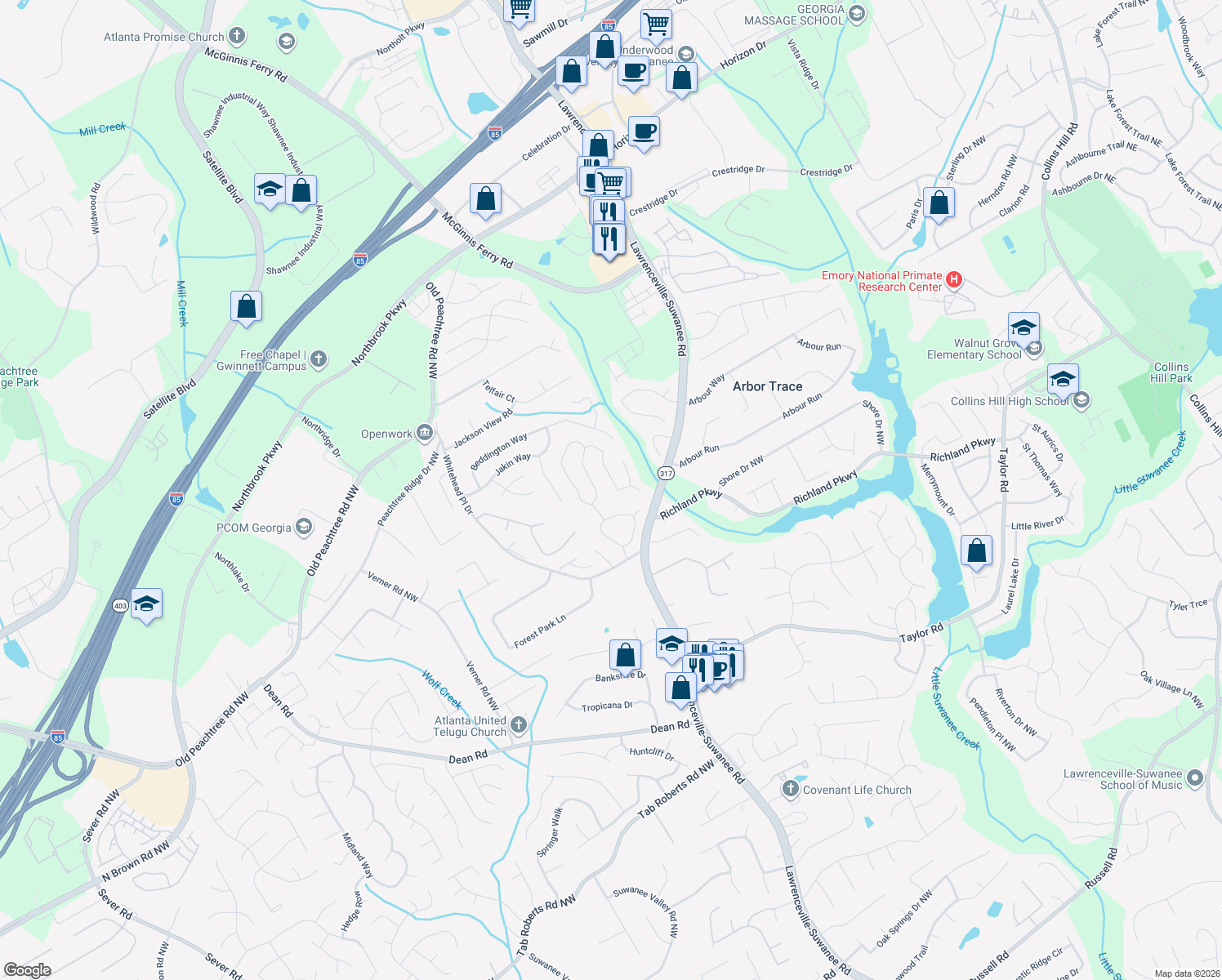 map of restaurants, bars, coffee shops, grocery stores, and more near 440 Fosters Mill Lane Northwest in Suwanee