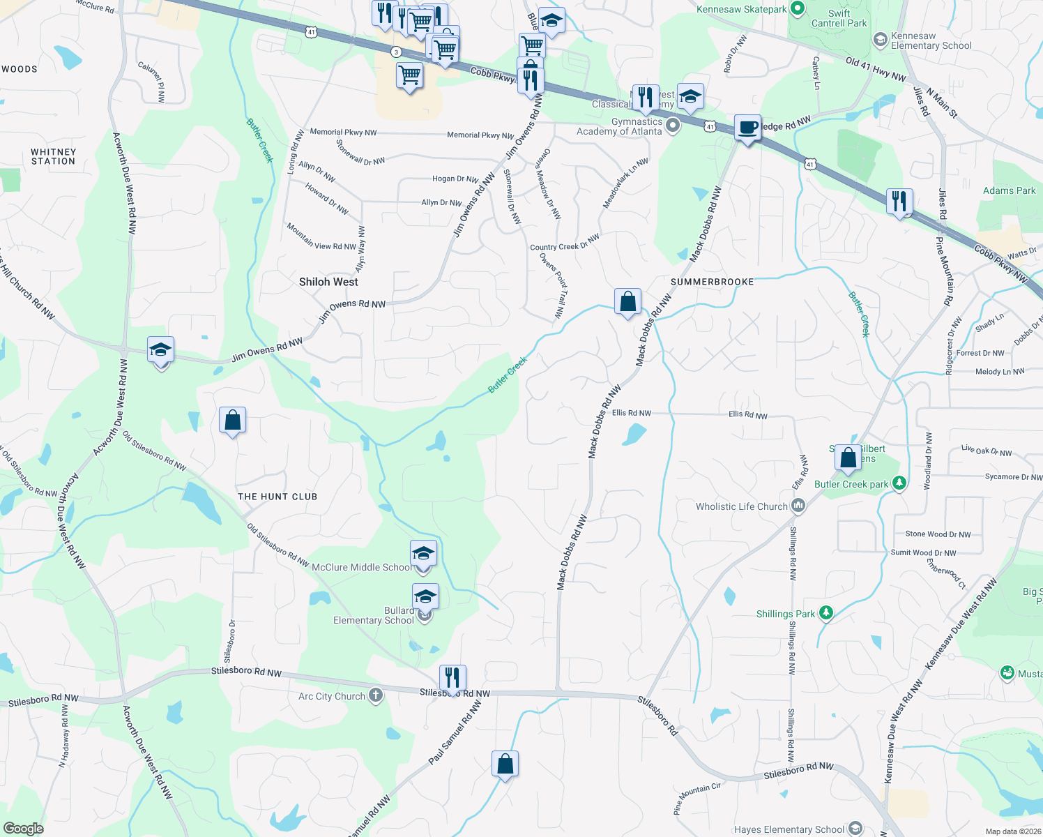 map of restaurants, bars, coffee shops, grocery stores, and more near 2351 Standing Peachtree Court Northwest in Kennesaw