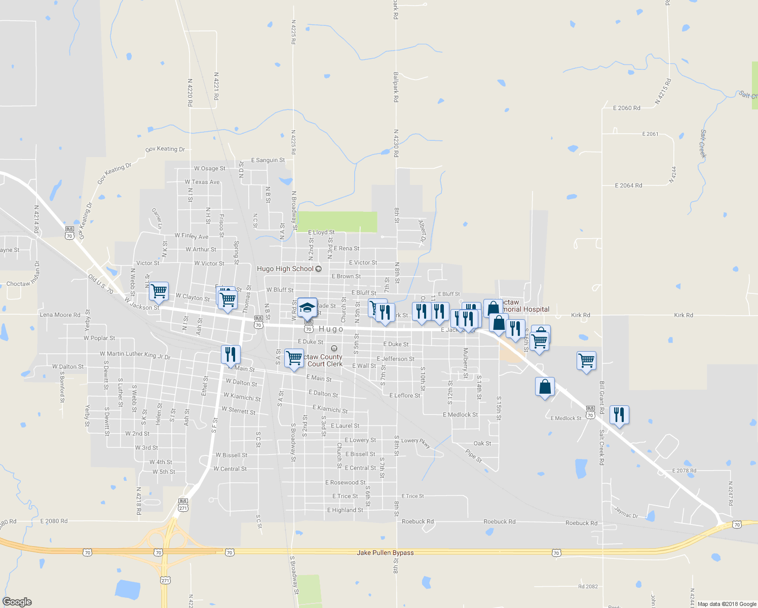 map of restaurants, bars, coffee shops, grocery stores, and more near 402 North 6th Street in Hugo