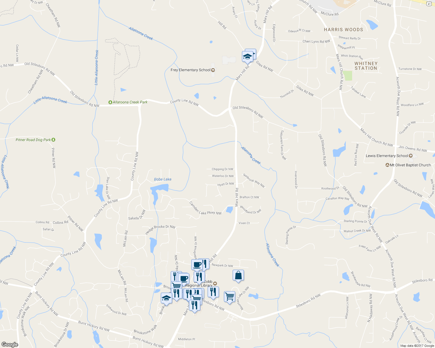 map of restaurants, bars, coffee shops, grocery stores, and more near 5142 Waterloo Drive Northwest in Acworth