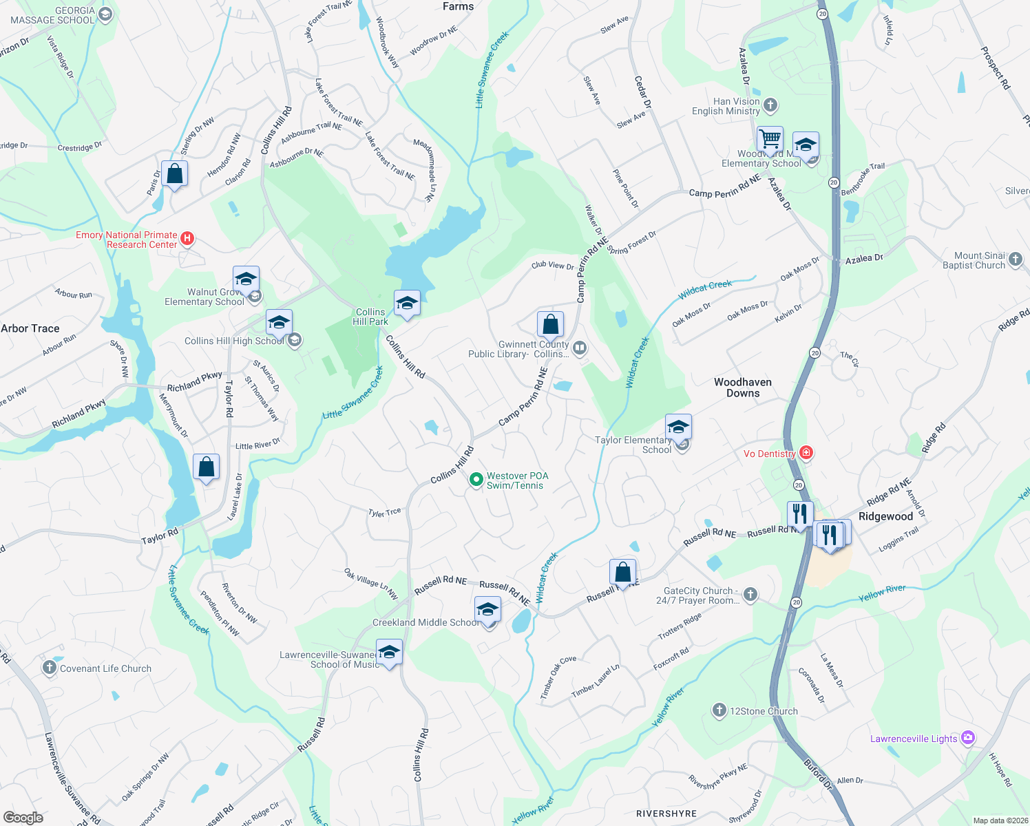 map of restaurants, bars, coffee shops, grocery stores, and more near 396 Camp Perrin Road Northeast in Lawrenceville
