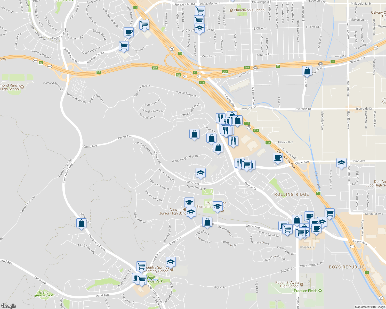 map of restaurants, bars, coffee shops, grocery stores, and more near 2496 Wandering Ridge Drive in Chino Hills