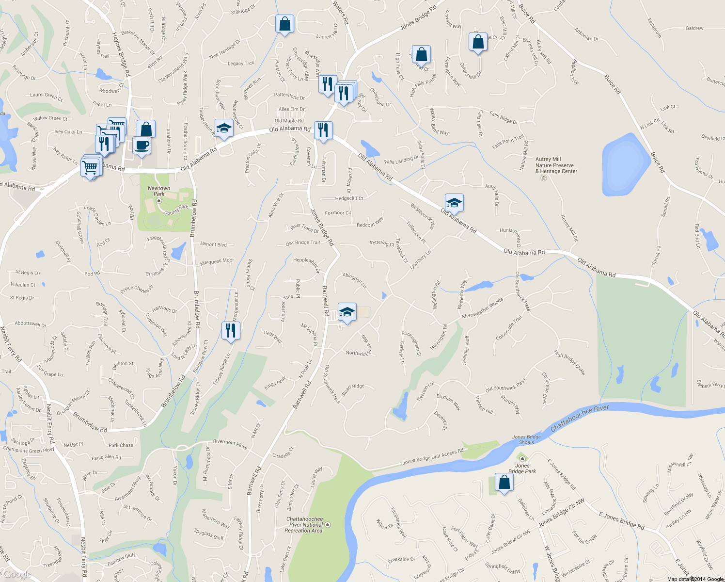 map of restaurants, bars, coffee shops, grocery stores, and more near 1100 Kensington Court in Alpharetta