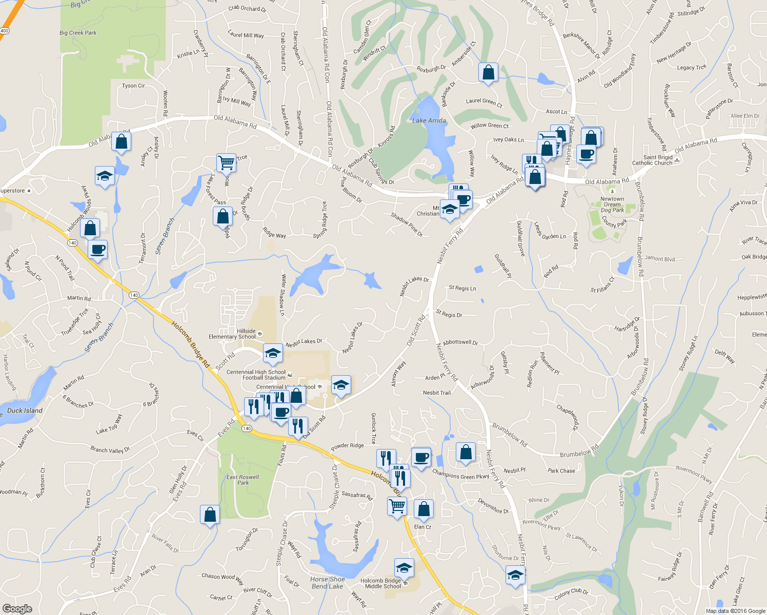 map of restaurants, bars, coffee shops, grocery stores, and more near 2635 Clubside Terrace in Alpharetta