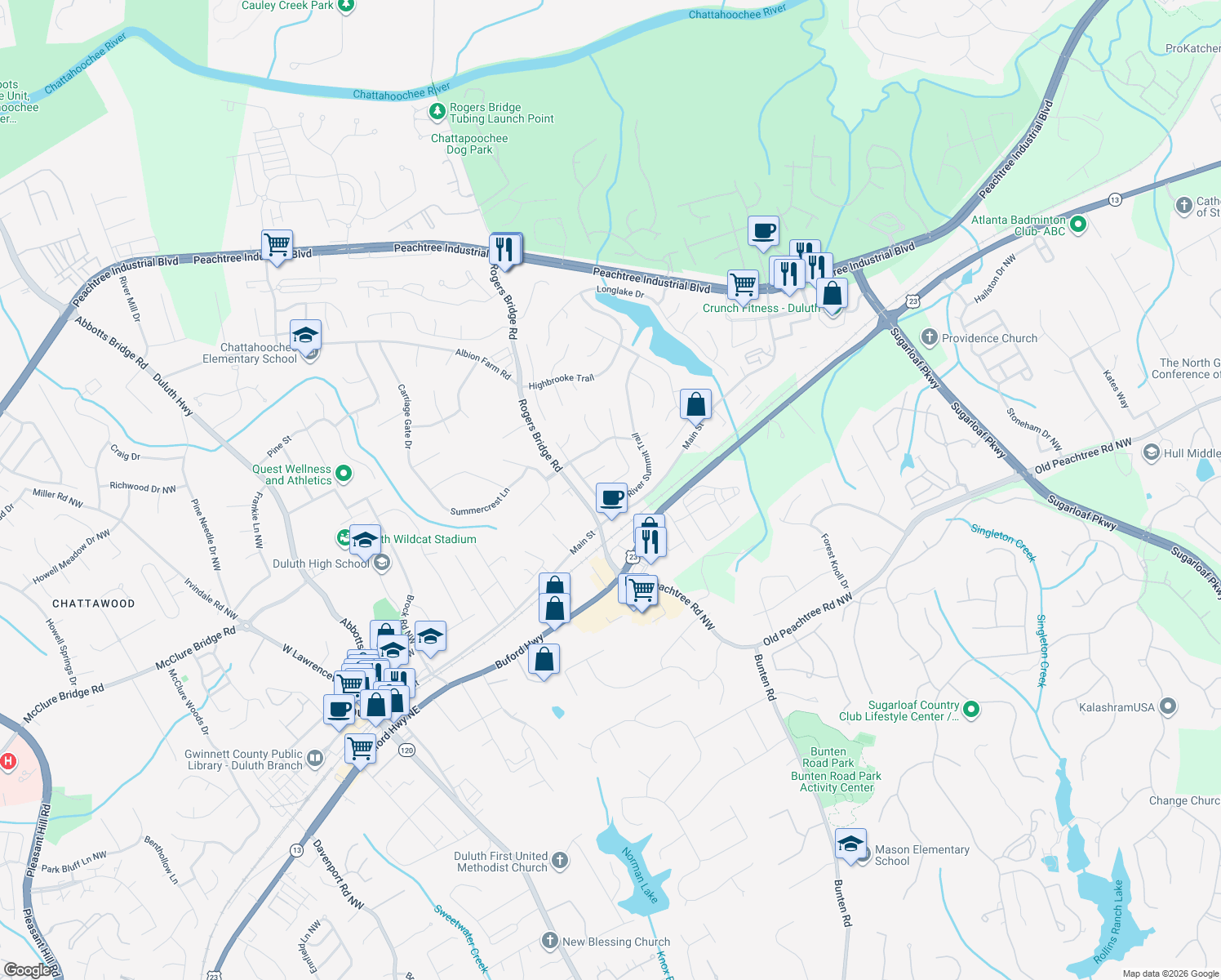 map of restaurants, bars, coffee shops, grocery stores, and more near 3567 Thornbrooke Pl in Duluth