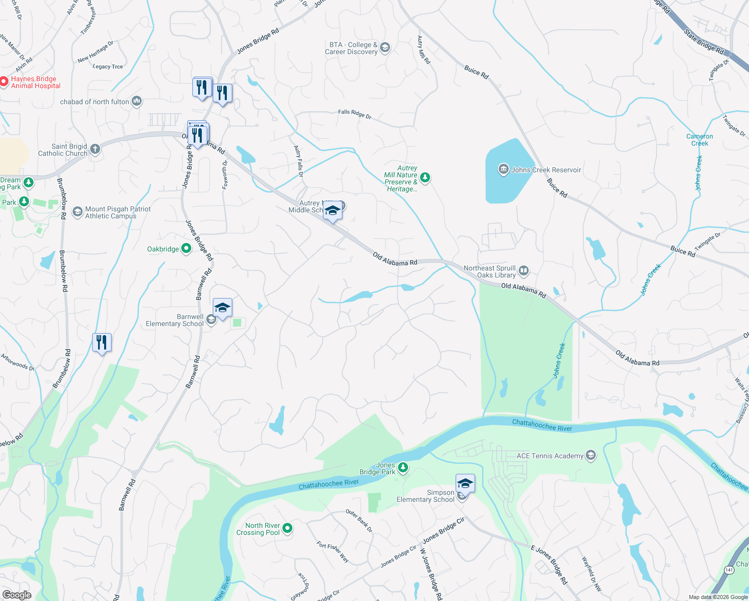 map of restaurants, bars, coffee shops, grocery stores, and more near 1090 Matheson Way in Alpharetta