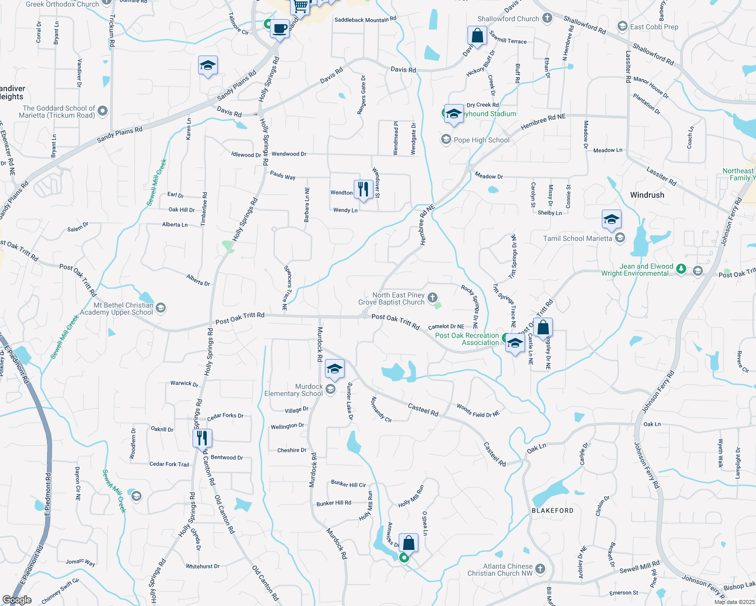 map of restaurants, bars, coffee shops, grocery stores, and more near 3279 Robinson Oaks Way Northeast in Marietta