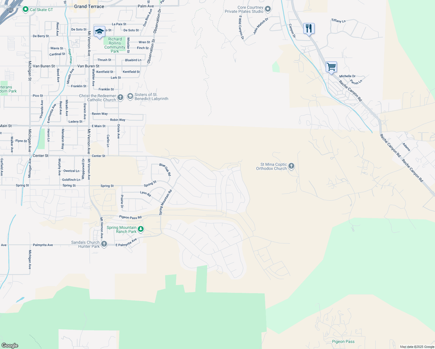 map of restaurants, bars, coffee shops, grocery stores, and more near 7348 Stockyard Road in Riverside