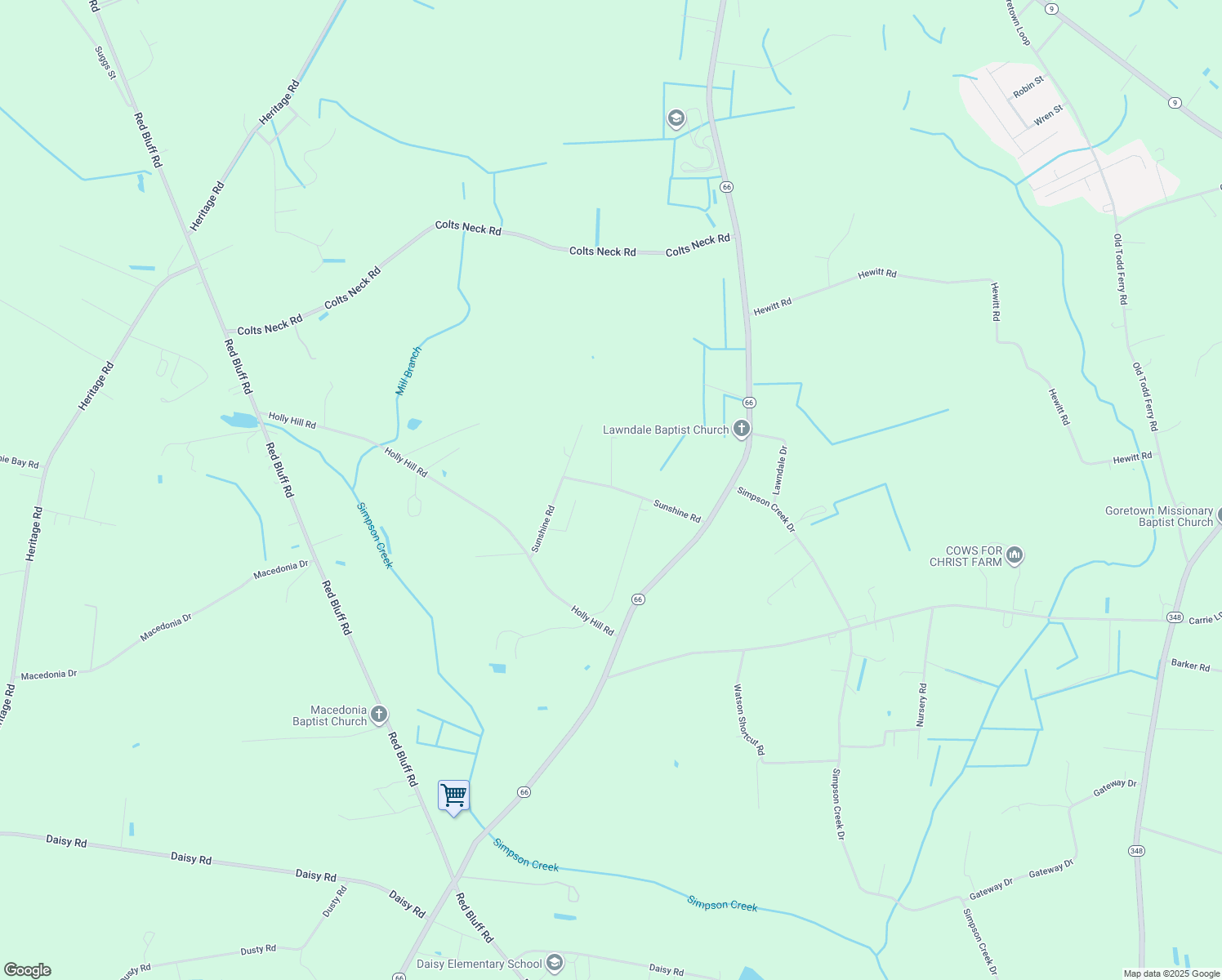 map of restaurants, bars, coffee shops, grocery stores, and more near 401 Sunshine Road in Loris