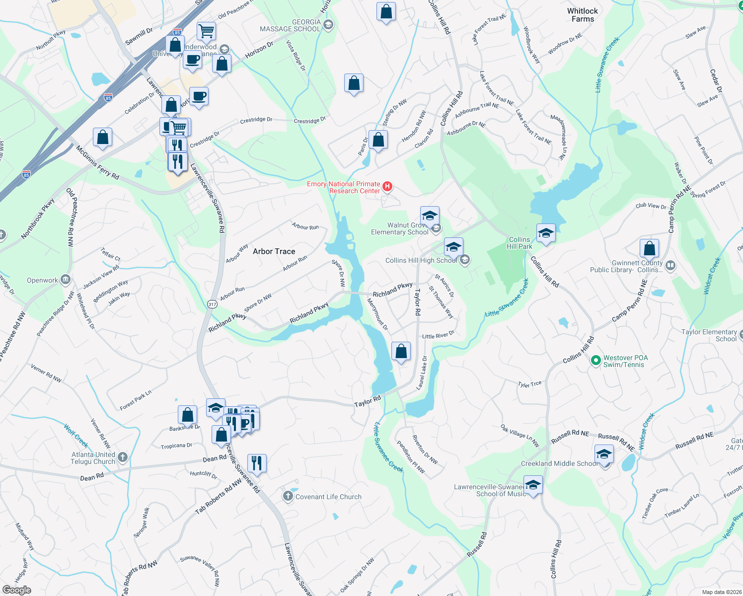 map of restaurants, bars, coffee shops, grocery stores, and more near 2387 Merrymount Drive in Suwanee