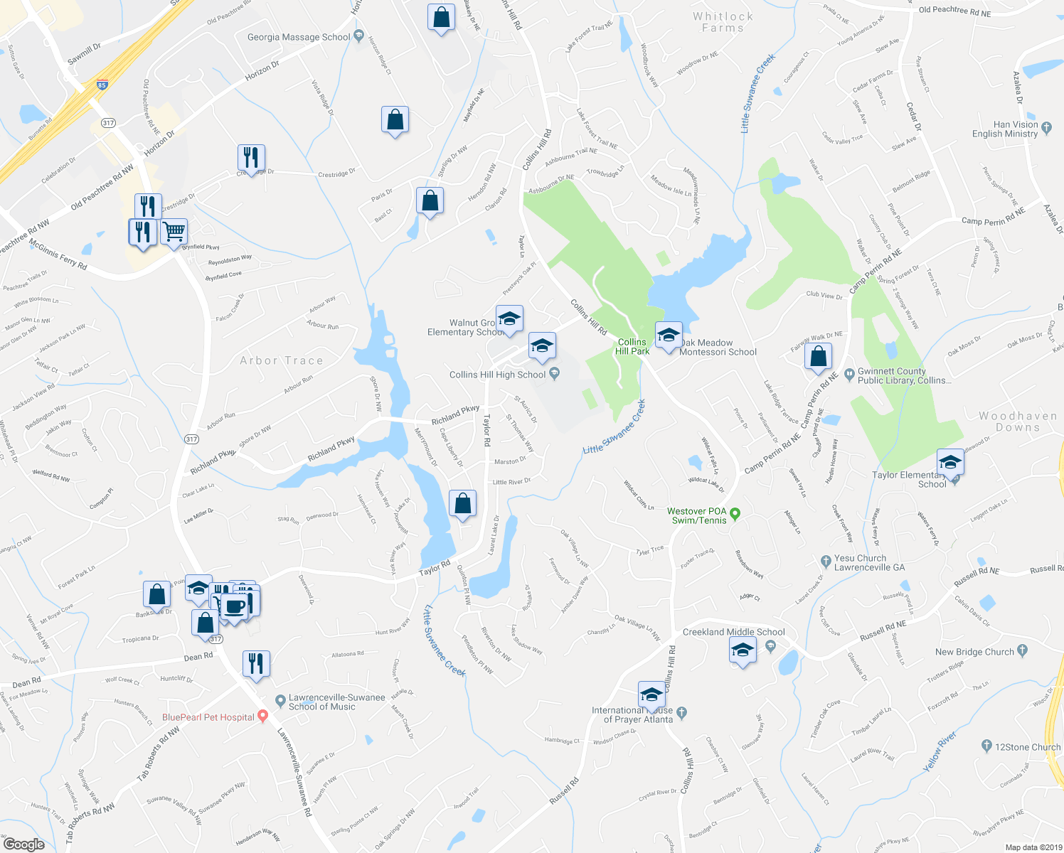 map of restaurants, bars, coffee shops, grocery stores, and more near 111 Saint Aurics Drive in Suwanee