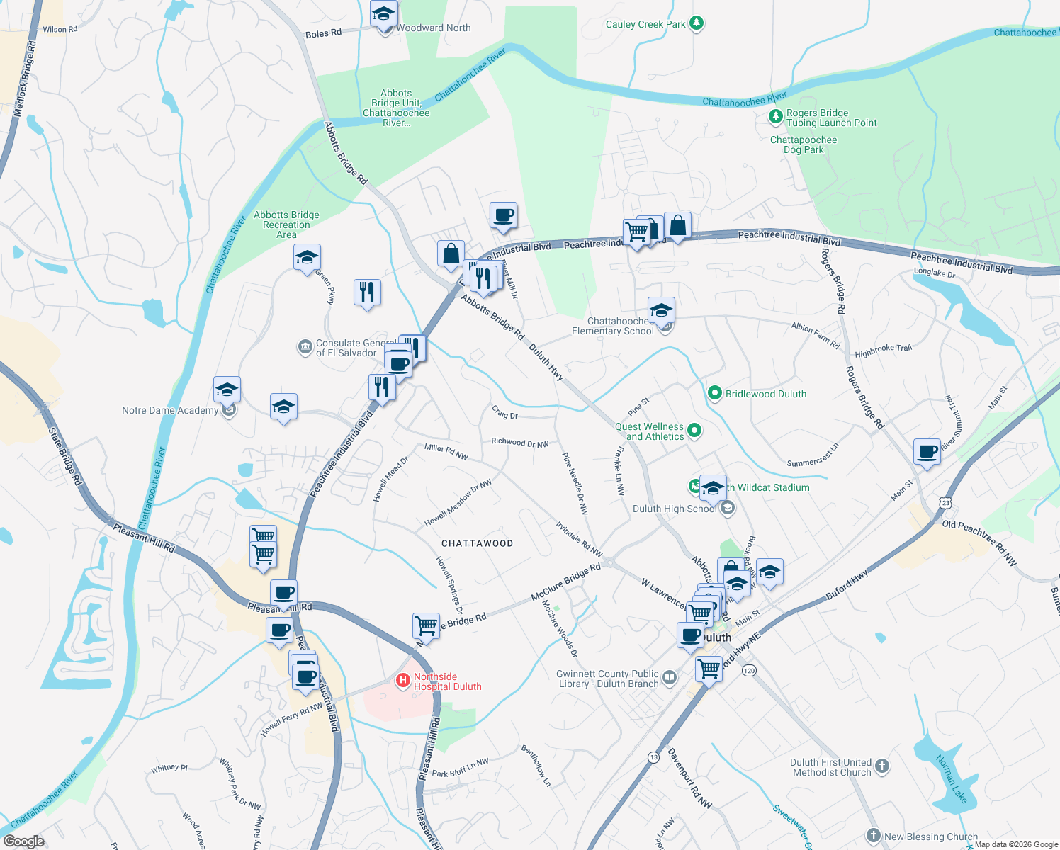 map of restaurants, bars, coffee shops, grocery stores, and more near 3184 Craig Dr in Duluth