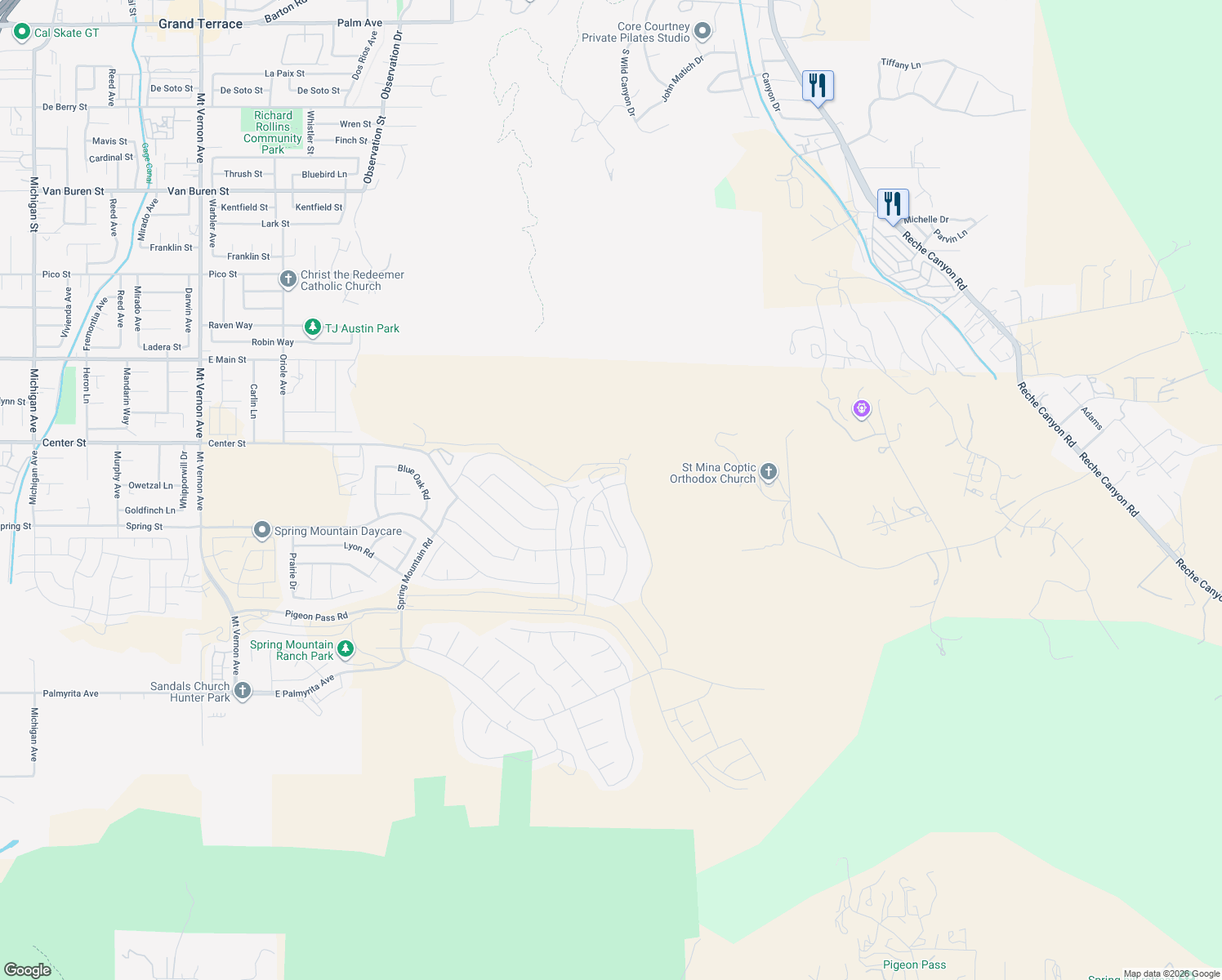 map of restaurants, bars, coffee shops, grocery stores, and more near 20613 Spring Street in Riverside