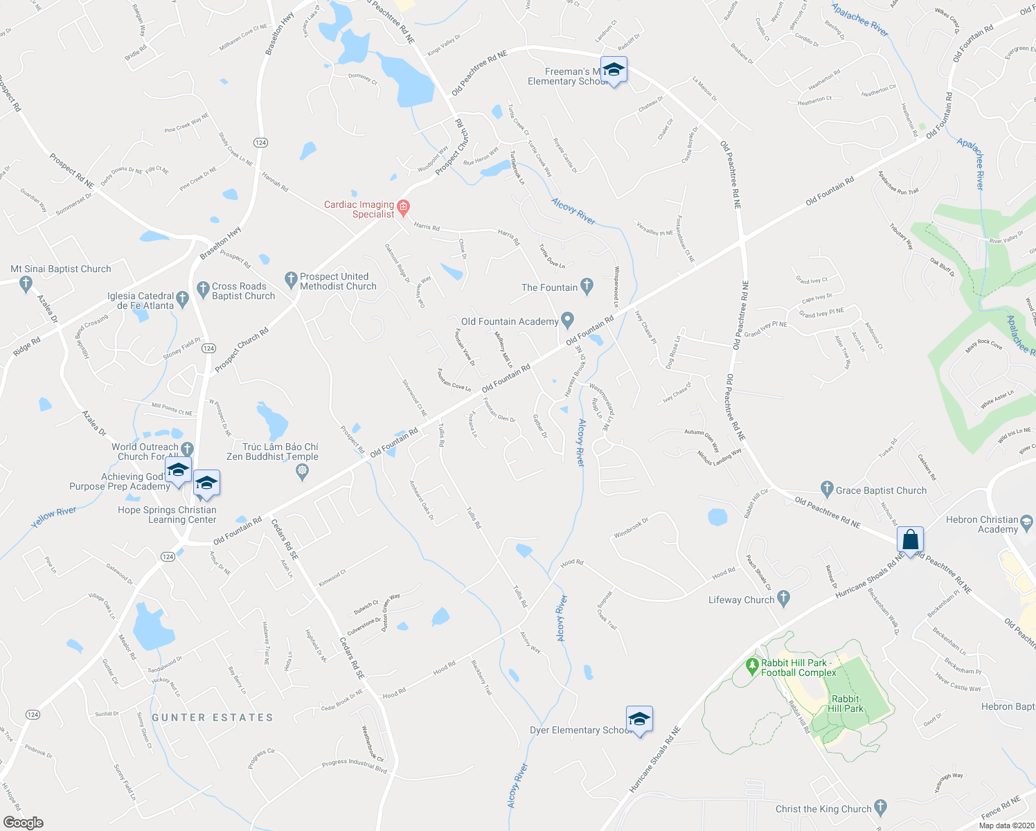 map of restaurants, bars, coffee shops, grocery stores, and more near 1131 Fountain Glen Drive in Lawrenceville