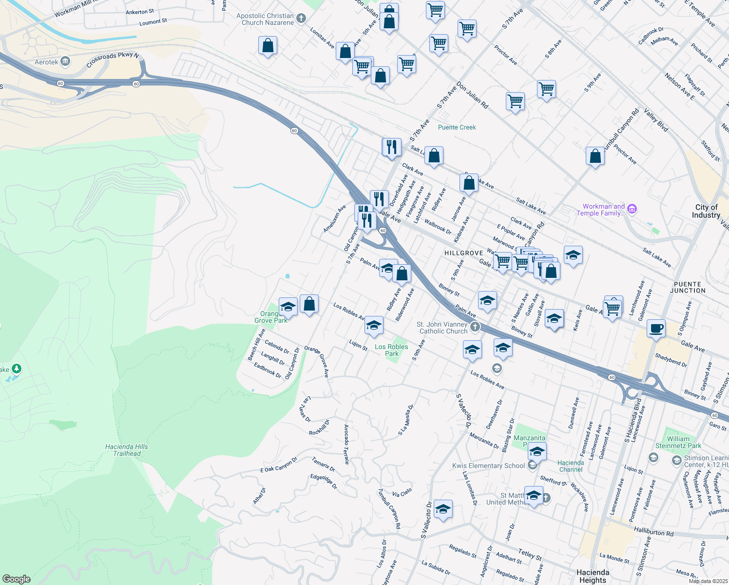 map of restaurants, bars, coffee shops, grocery stores, and more near 14707 Mountain Spring Street in Hacienda Heights