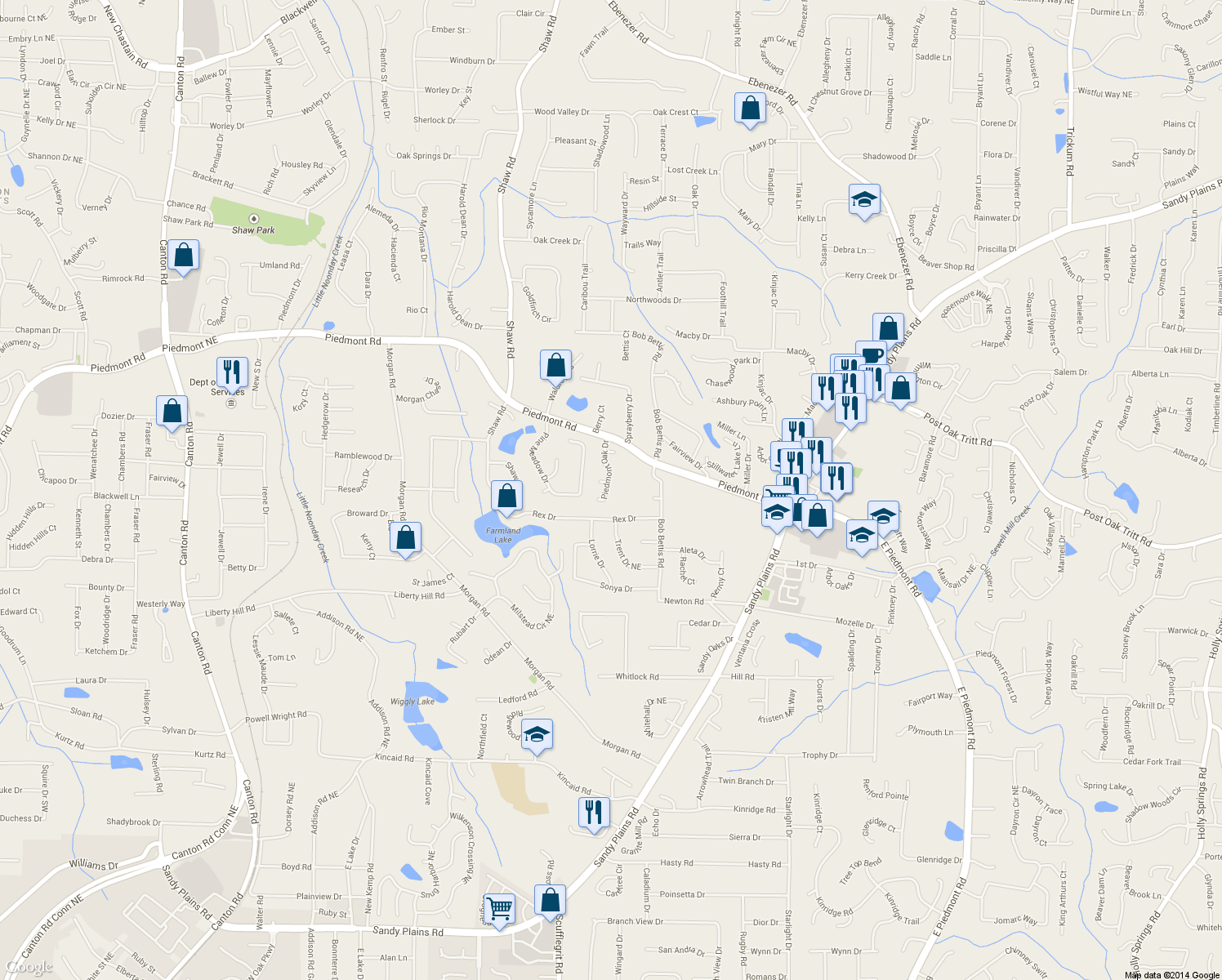 map of restaurants, bars, coffee shops, grocery stores, and more near 2678 Piedmont Oak Drive in Marietta