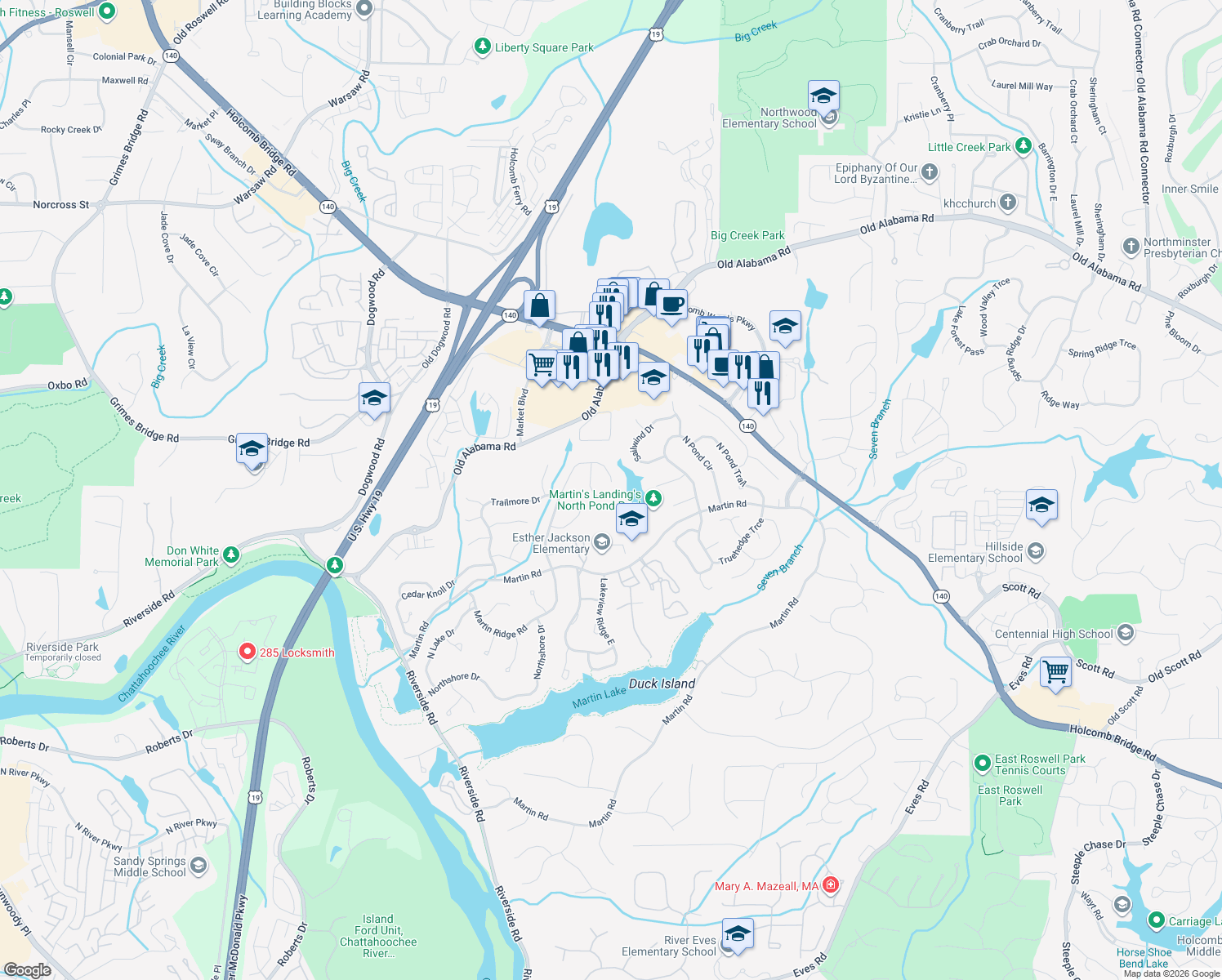 map of restaurants, bars, coffee shops, grocery stores, and more near 9775 Hillside Dr in Roswell