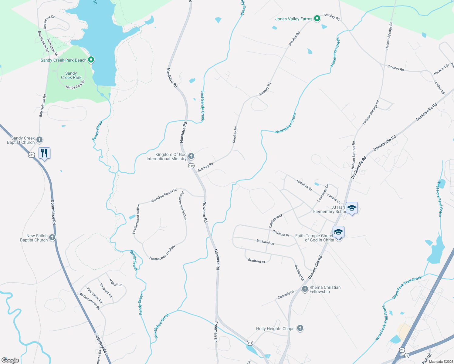 map of restaurants, bars, coffee shops, grocery stores, and more near 185 Noketchee Dr in Athens