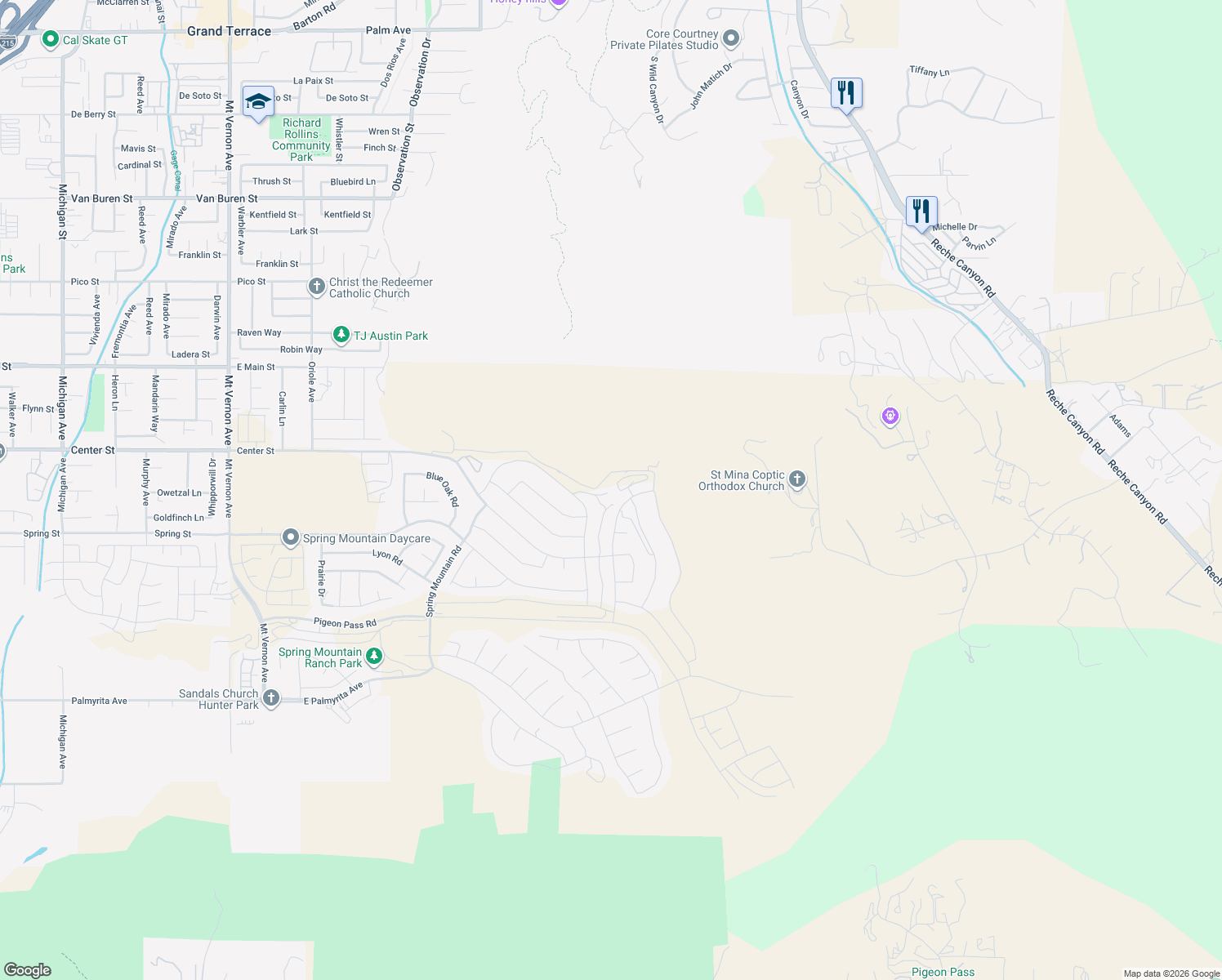 map of restaurants, bars, coffee shops, grocery stores, and more near 20613 Spring Street in Riverside