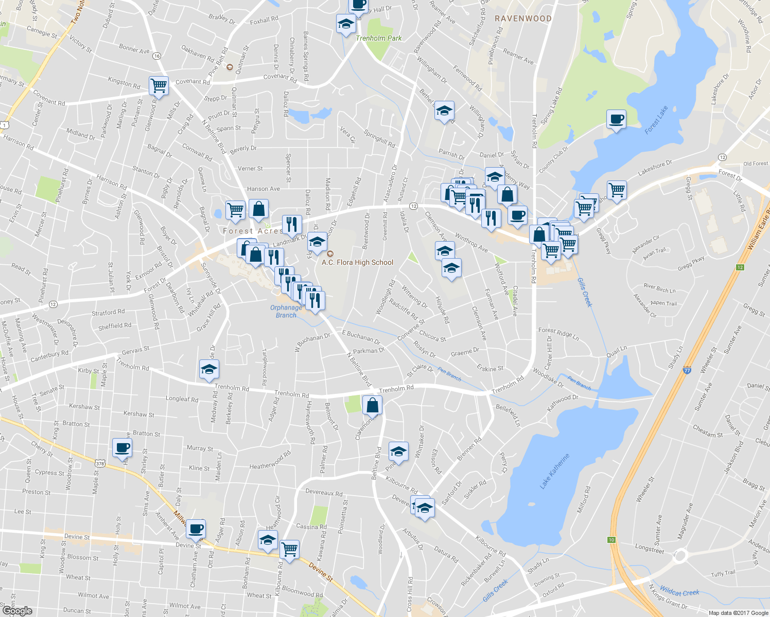 map of restaurants, bars, coffee shops, grocery stores, and more near 4210 Woodleigh Road in Columbia